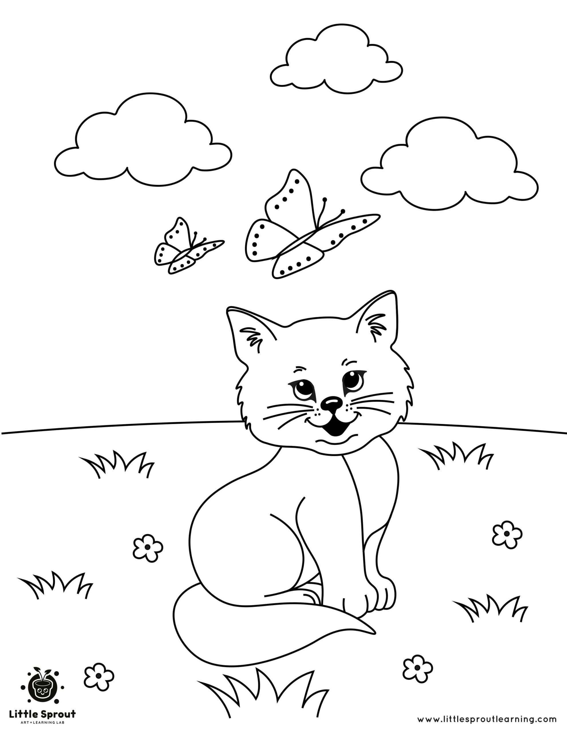 Making Butterfly Friends Cat Coloring Page