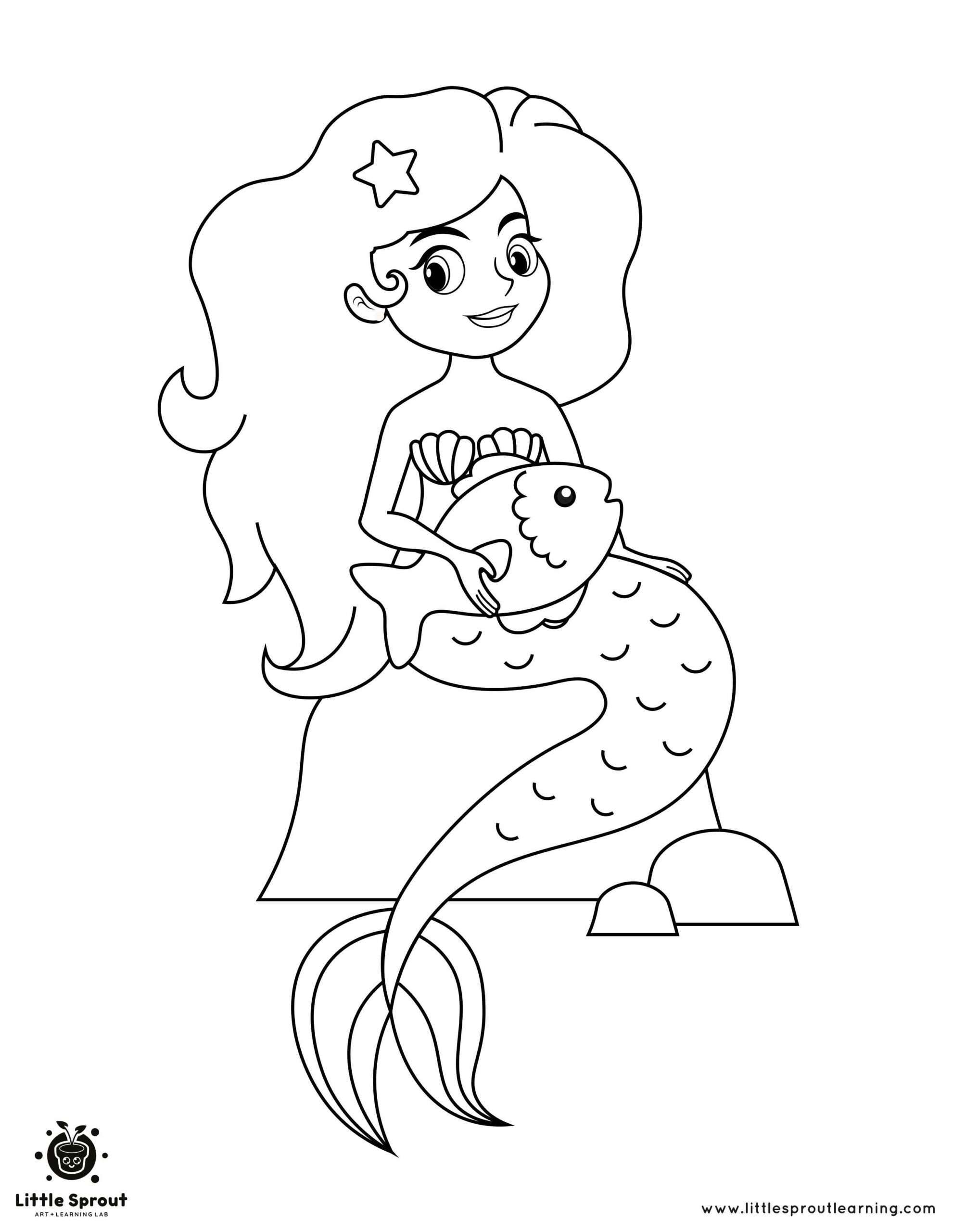 Friendly Cuddles Mermaid Coloring Page