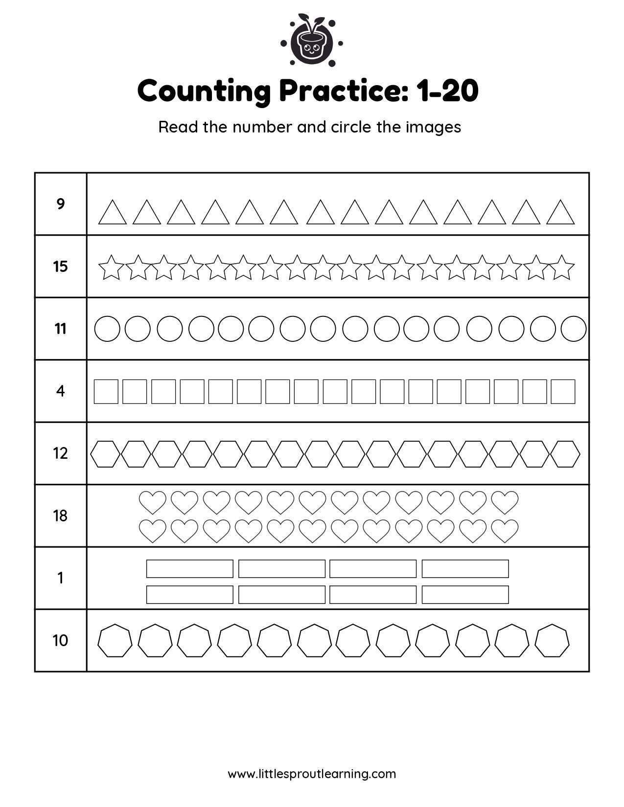 Read the Numbers and Circle The Images Up to 20