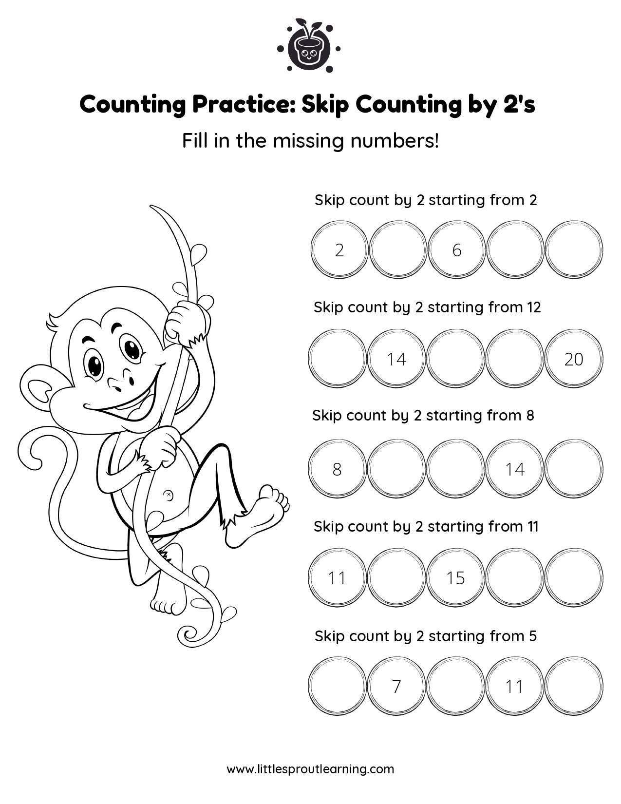 Skip Counting by 2’s – Fill in the Blanks from Various Numbers