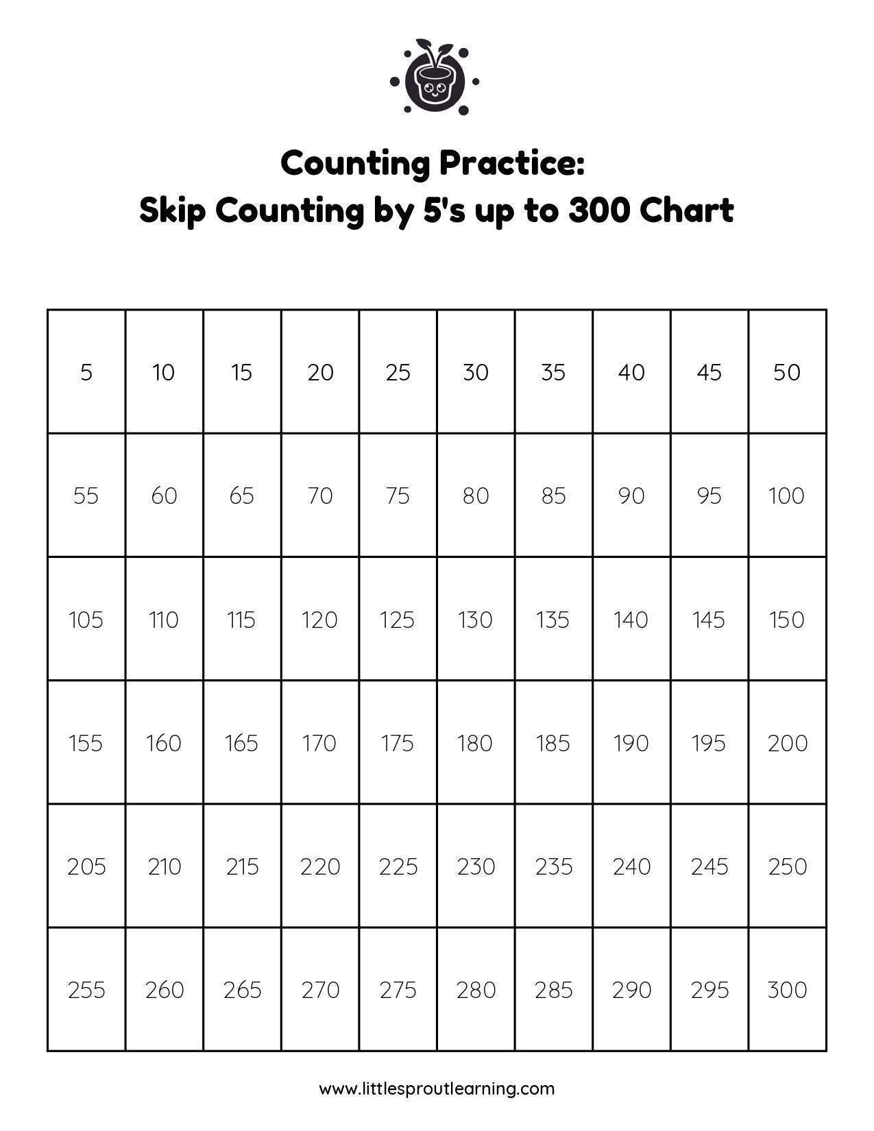 Grade 1 Counting Practice Worksheet: Skip Counting by 5 Full Chart