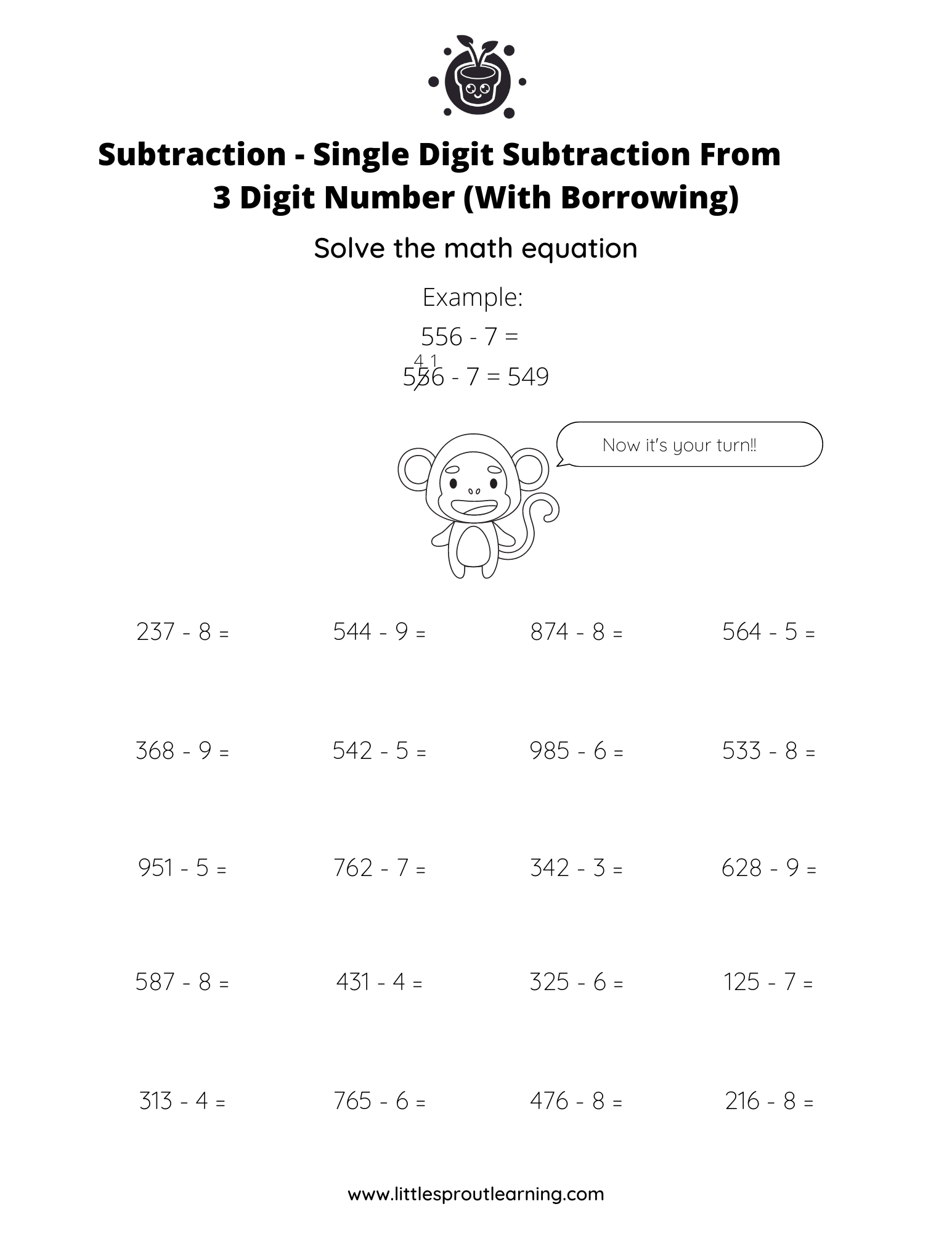 Single Digit Subtraction From 3 Digit Numbers – With Borrowing