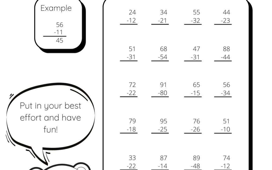 Stacked Subtraction With 2 digits between 1 to 99 No borrowing With Subtraction Worksheets