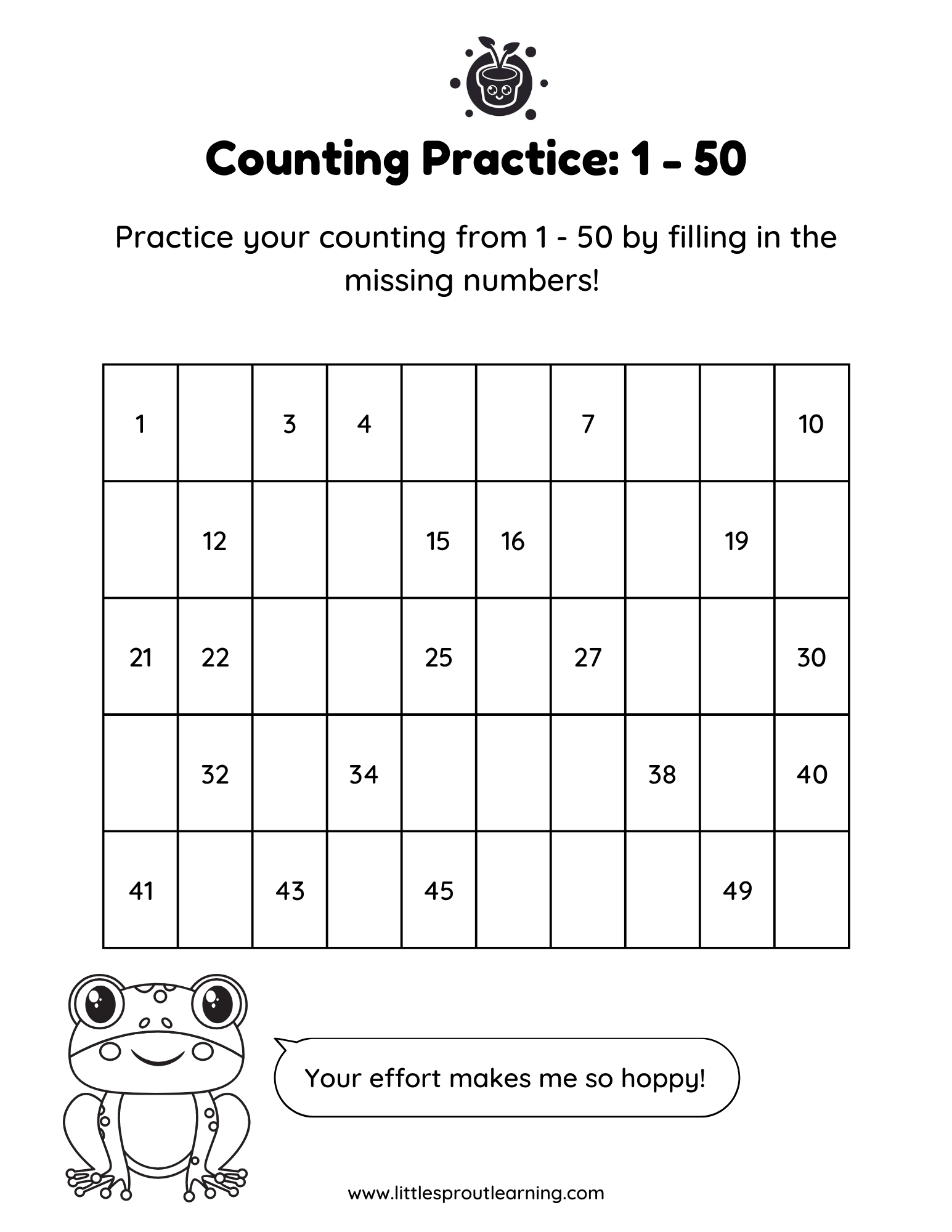 Counting Practice – Counting Chart By 1 Up to 50 Fill In the Blanks