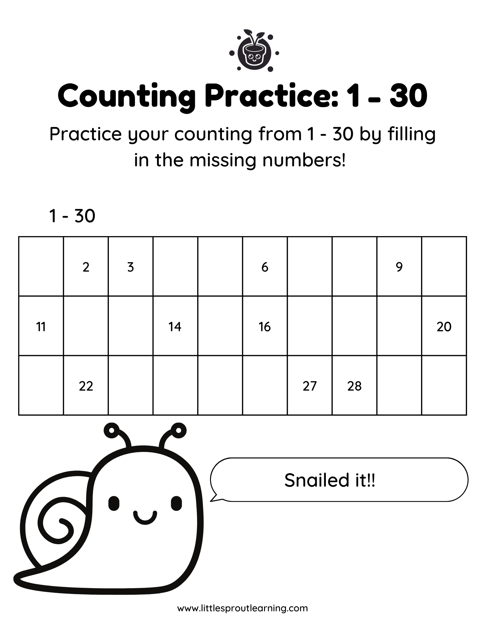Counting Practice Worksheet: Count by 1 Up to 30 Fill in The Blanks