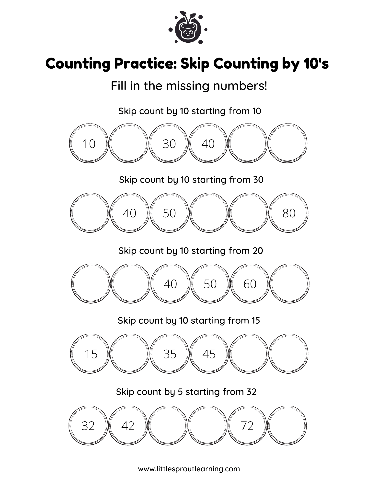 Skip Counting by 10’s – Fill in the Missing Numbers!