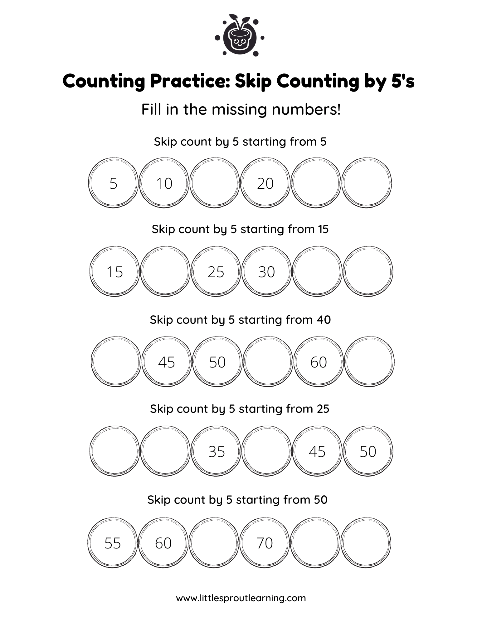 Skip Counting by 5’s – Fill in the Missing Numbers!