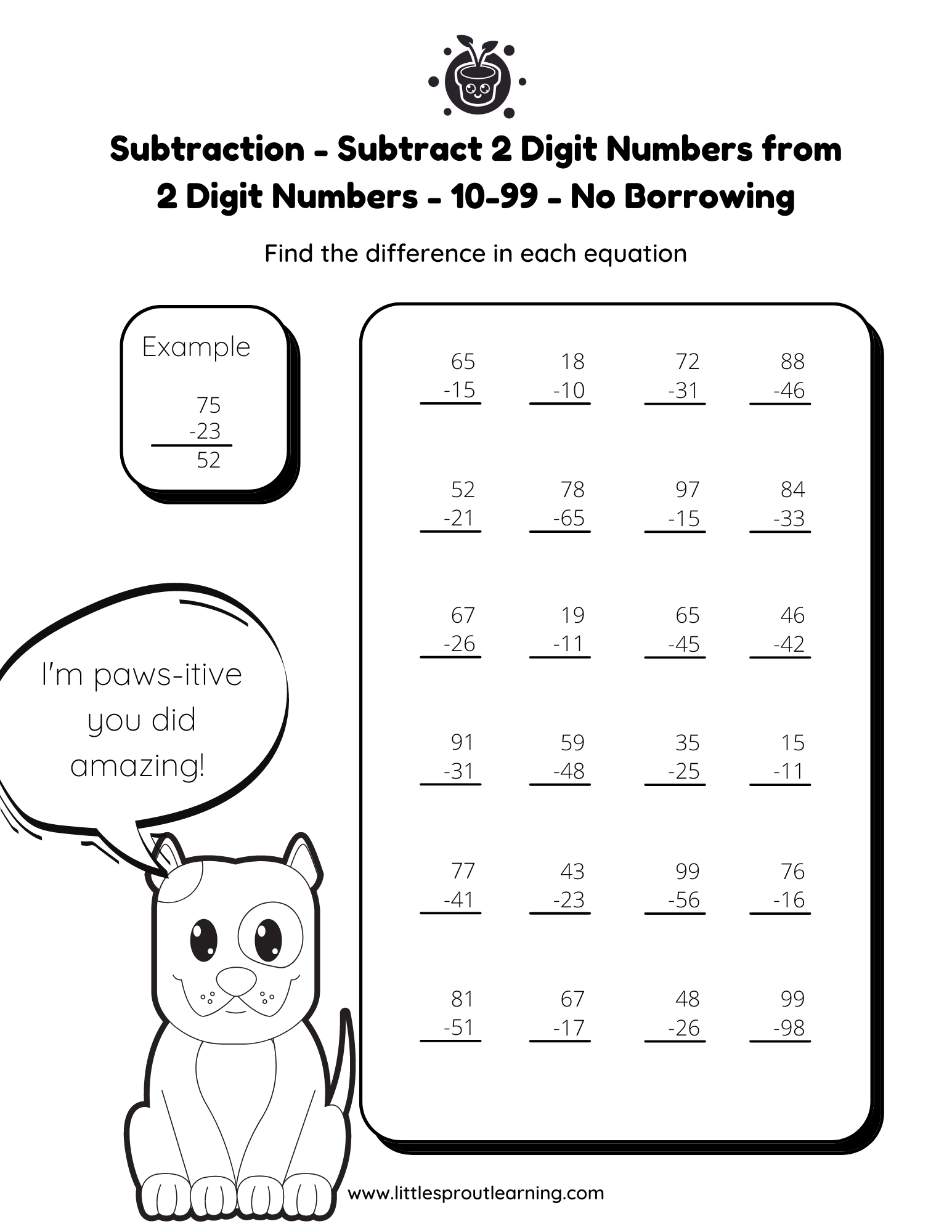 Subtracting 2 Digit Numbers – No Borrowing