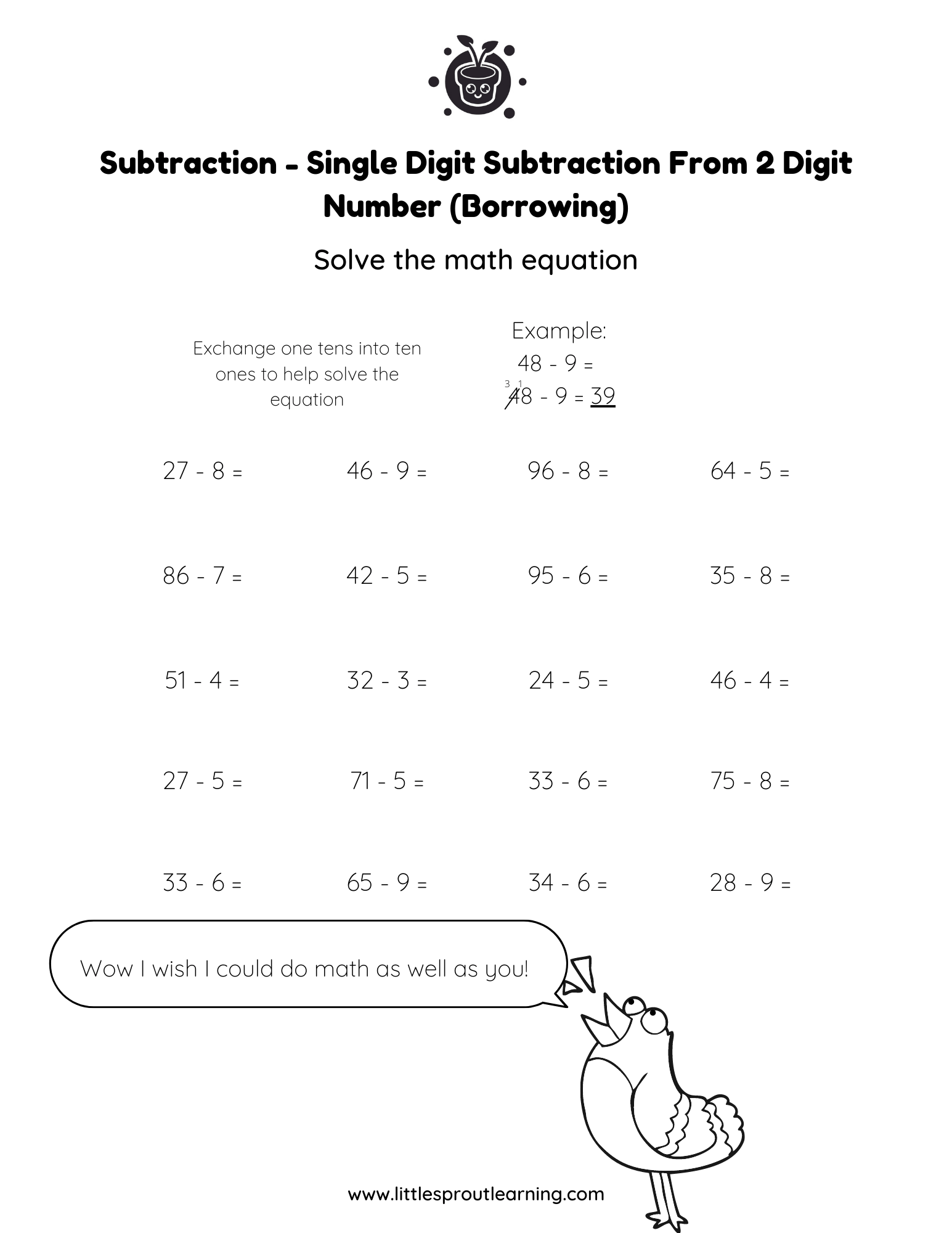 Single Digit Subtraction Worksheet – Subtract From 2 Digits