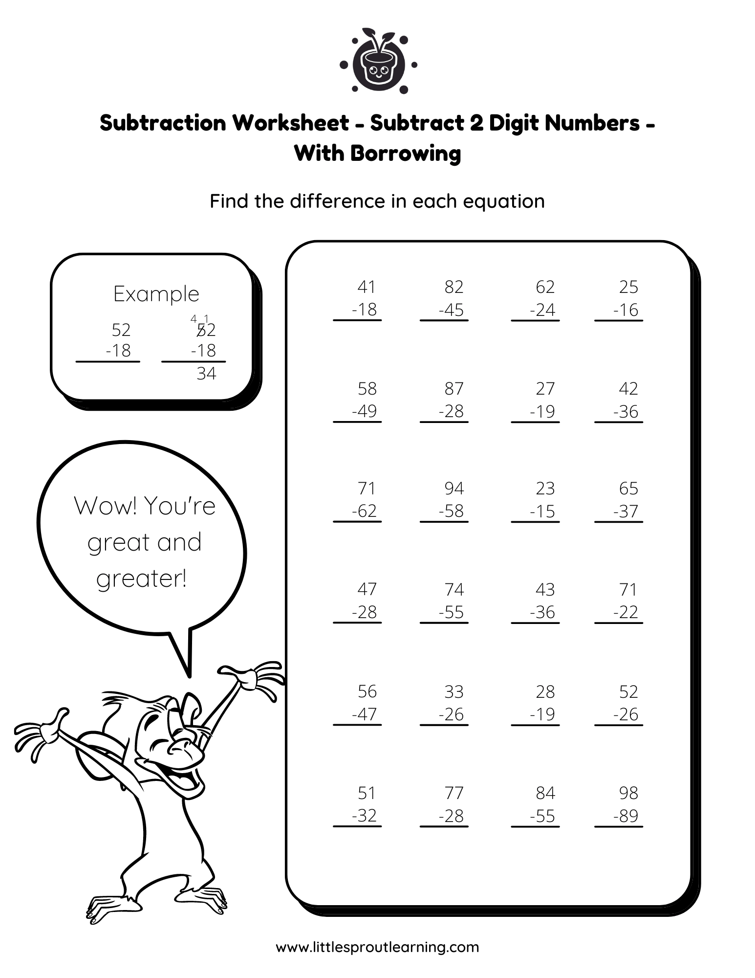 Subtraction Worksheet – Subtracting with 2 Digit Numbers (With Borrowing)