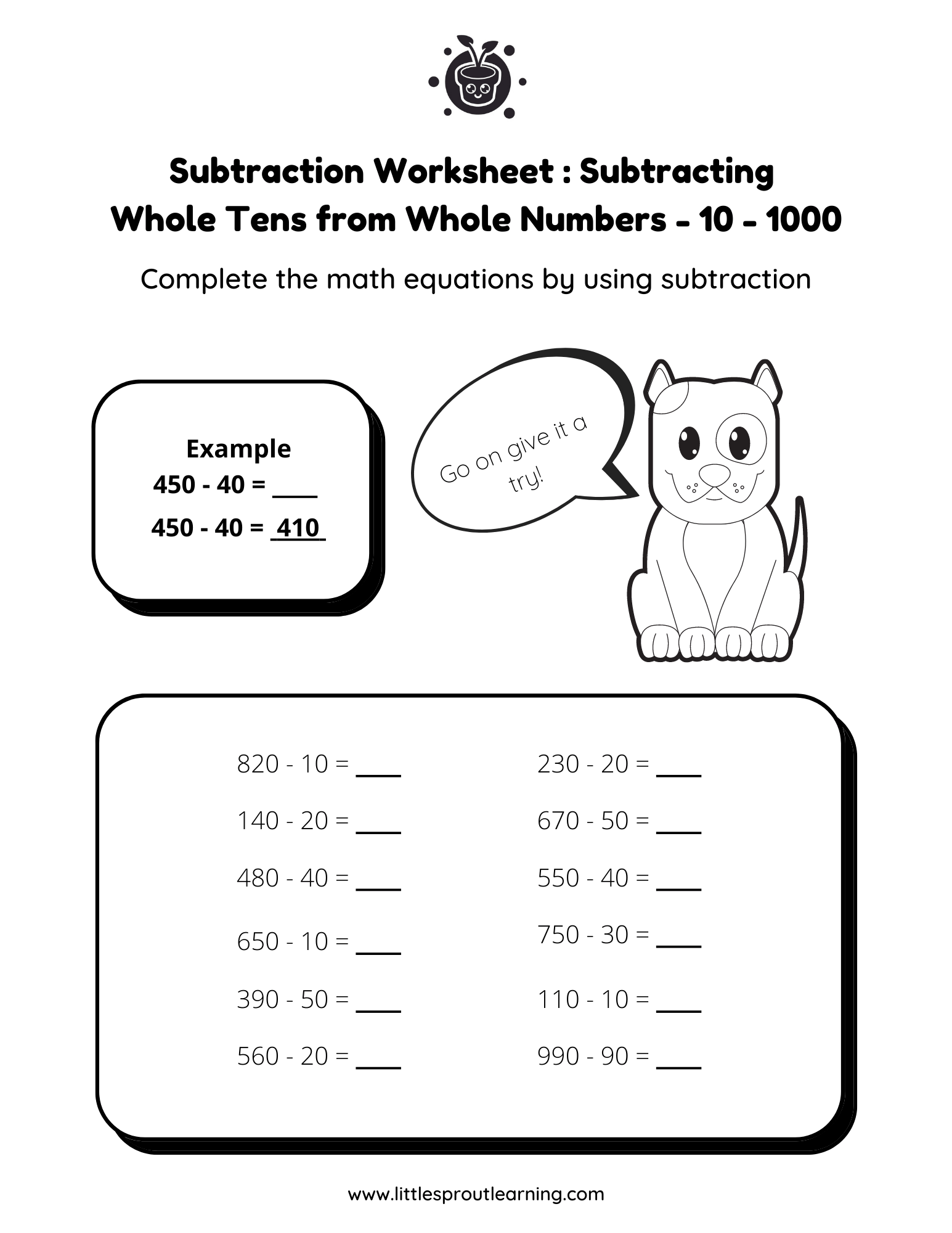 Subtraction Worksheet – Subtracting Whole Tens from 3 Digit Whole Numbers