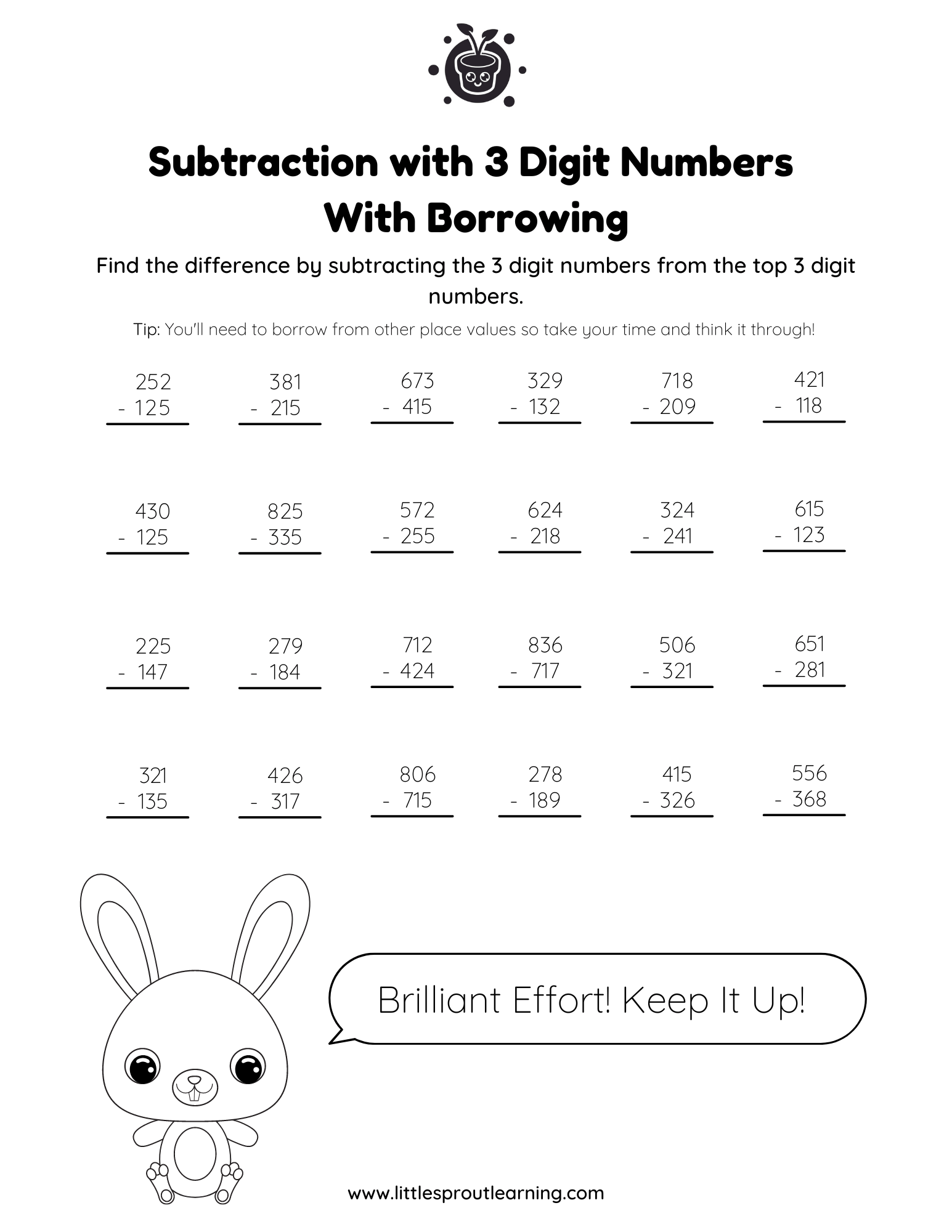 Subtraction Worksheet – Subtracting 3 Digit Numbers With Borrowing