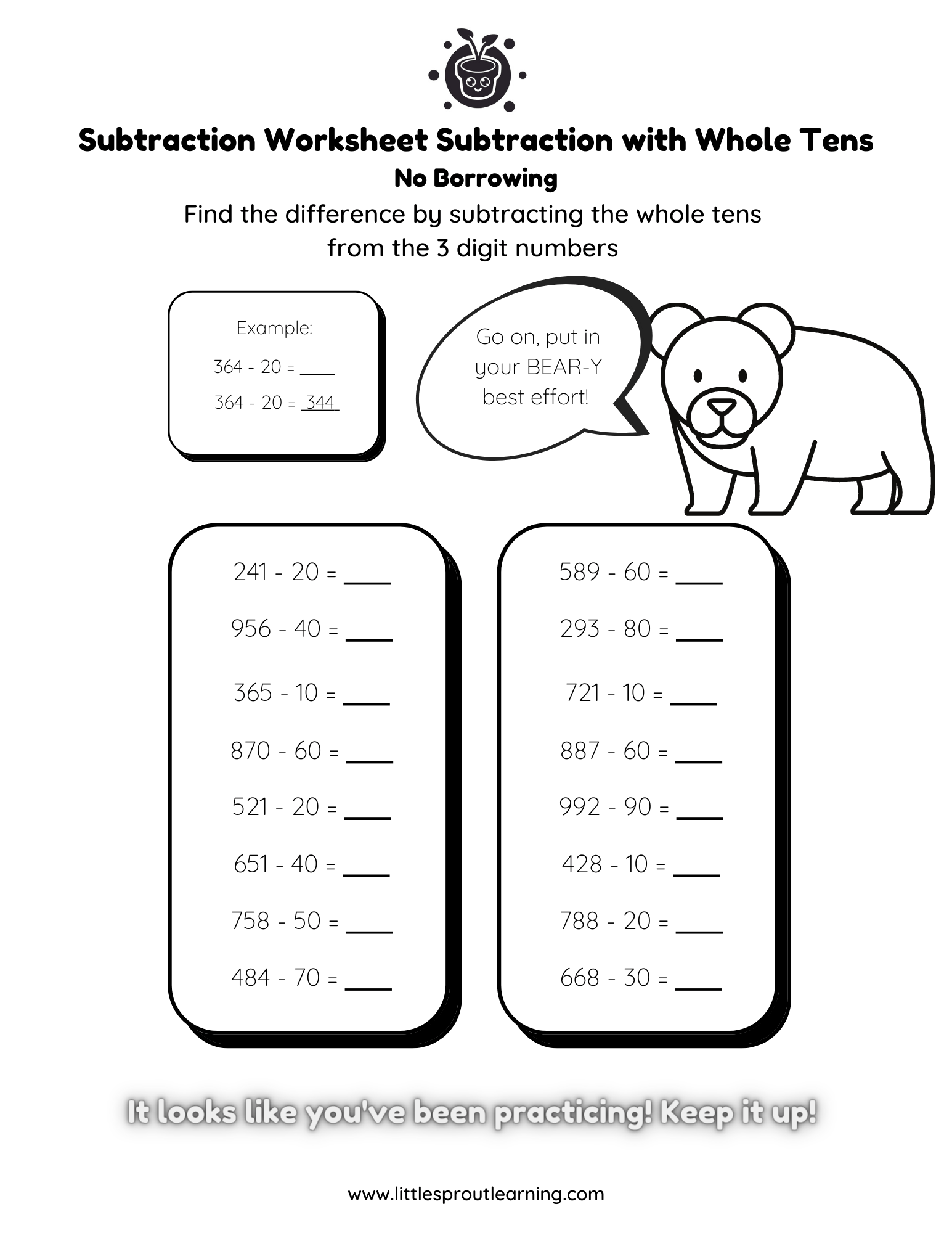 Subtraction Worksheet – Subtracting with Whole Tens (No Borrowing)