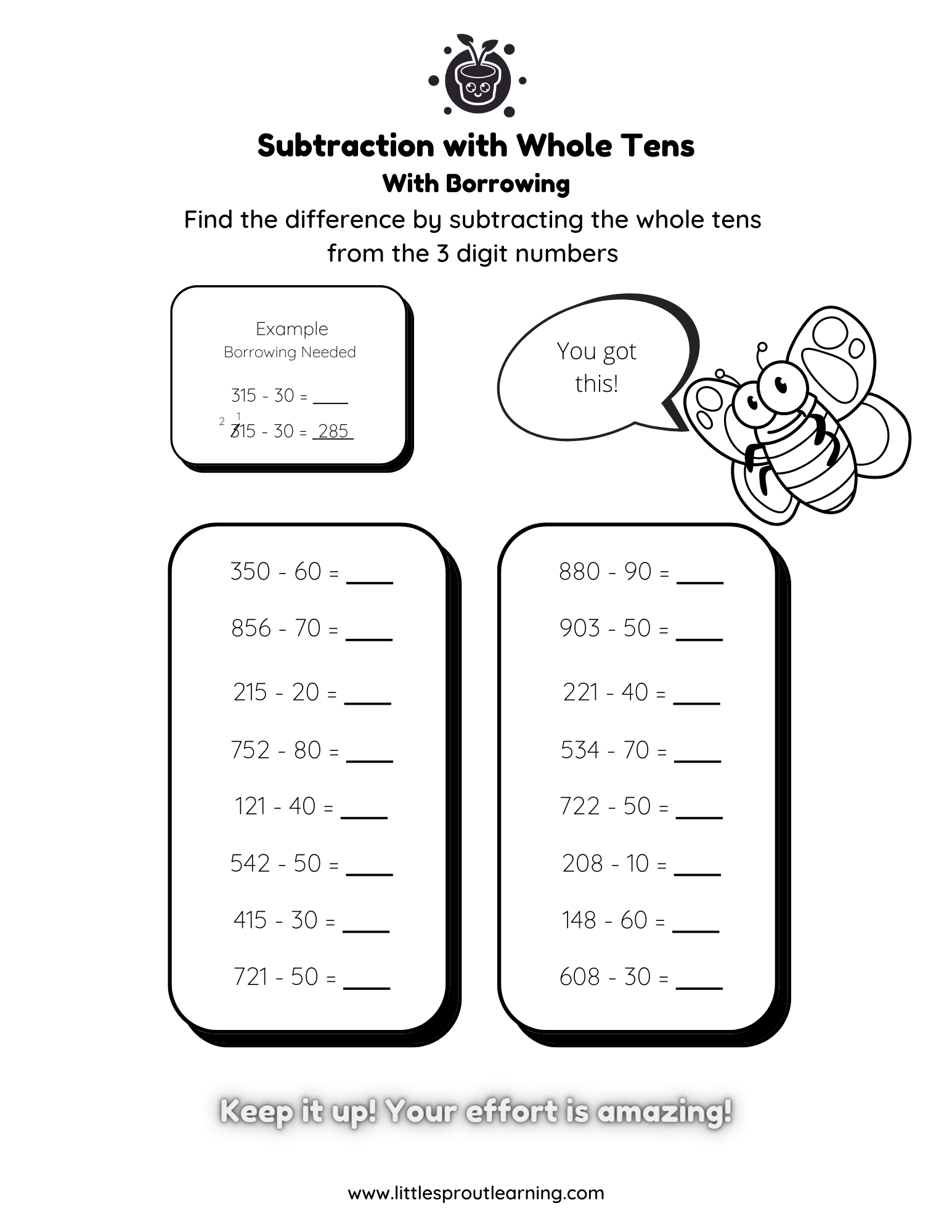 Subtraction Worksheet – Subtracting with Whole Tens (With Borrowing)