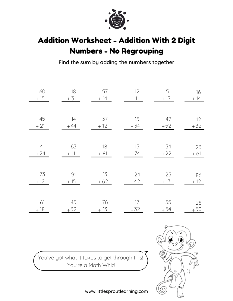 Addition Worksheet – Adding With 2 Digits – No Regrouping