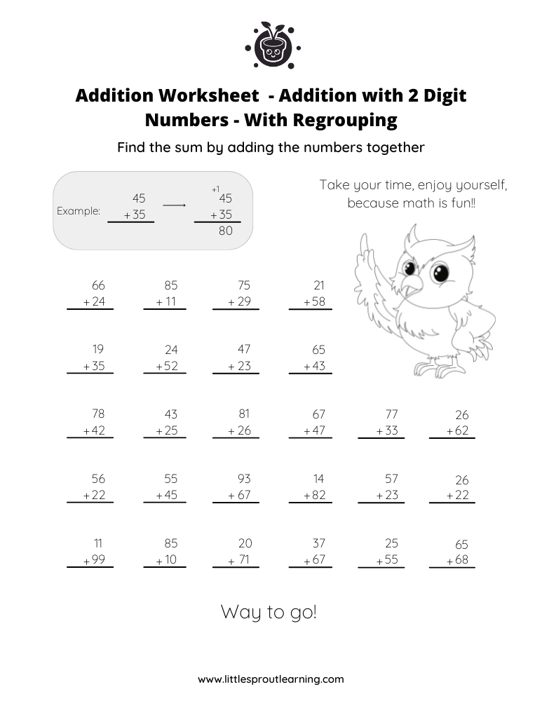 Addition Worksheet – Adding With 2 Digits – With Regrouping