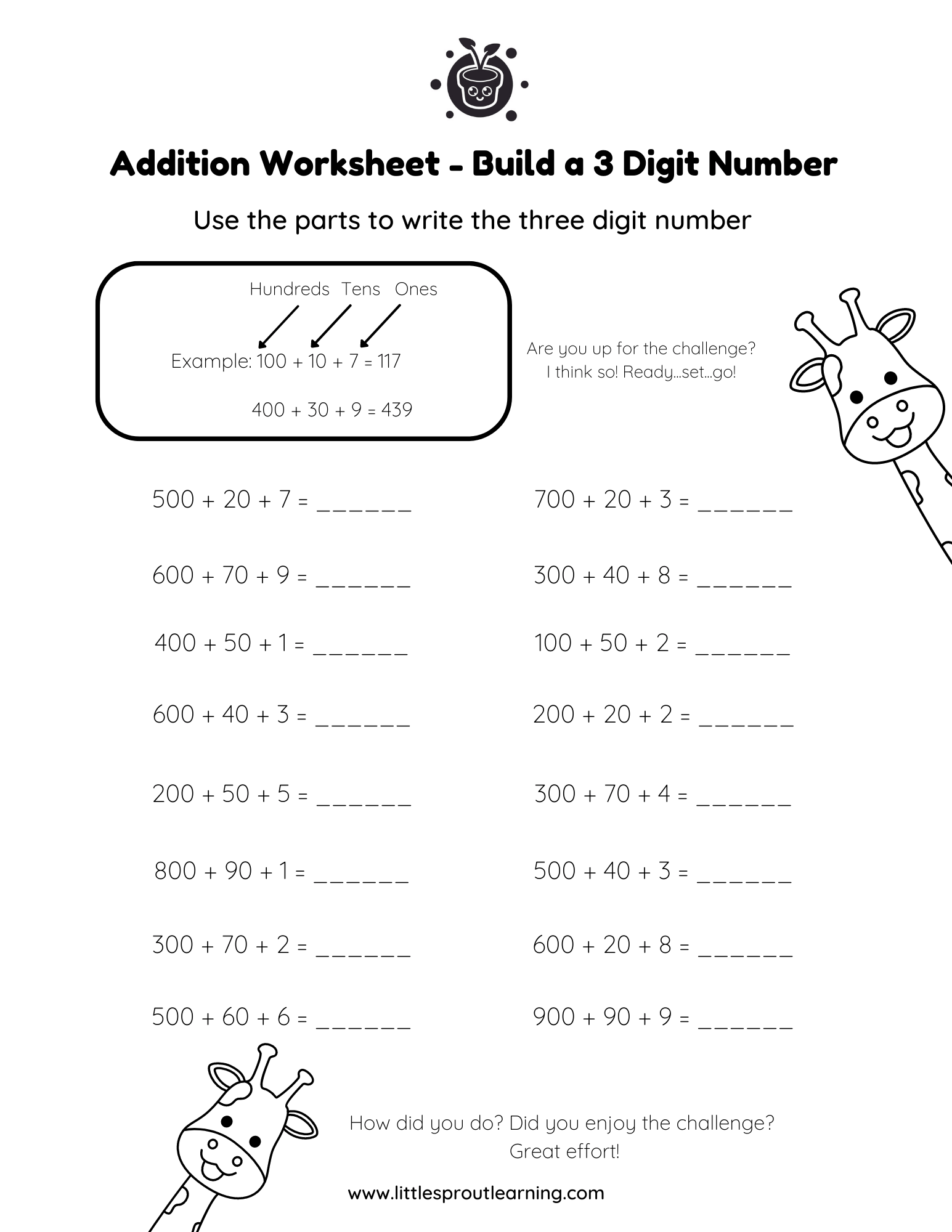 Addition Worksheet – Build a 3 Digit Number