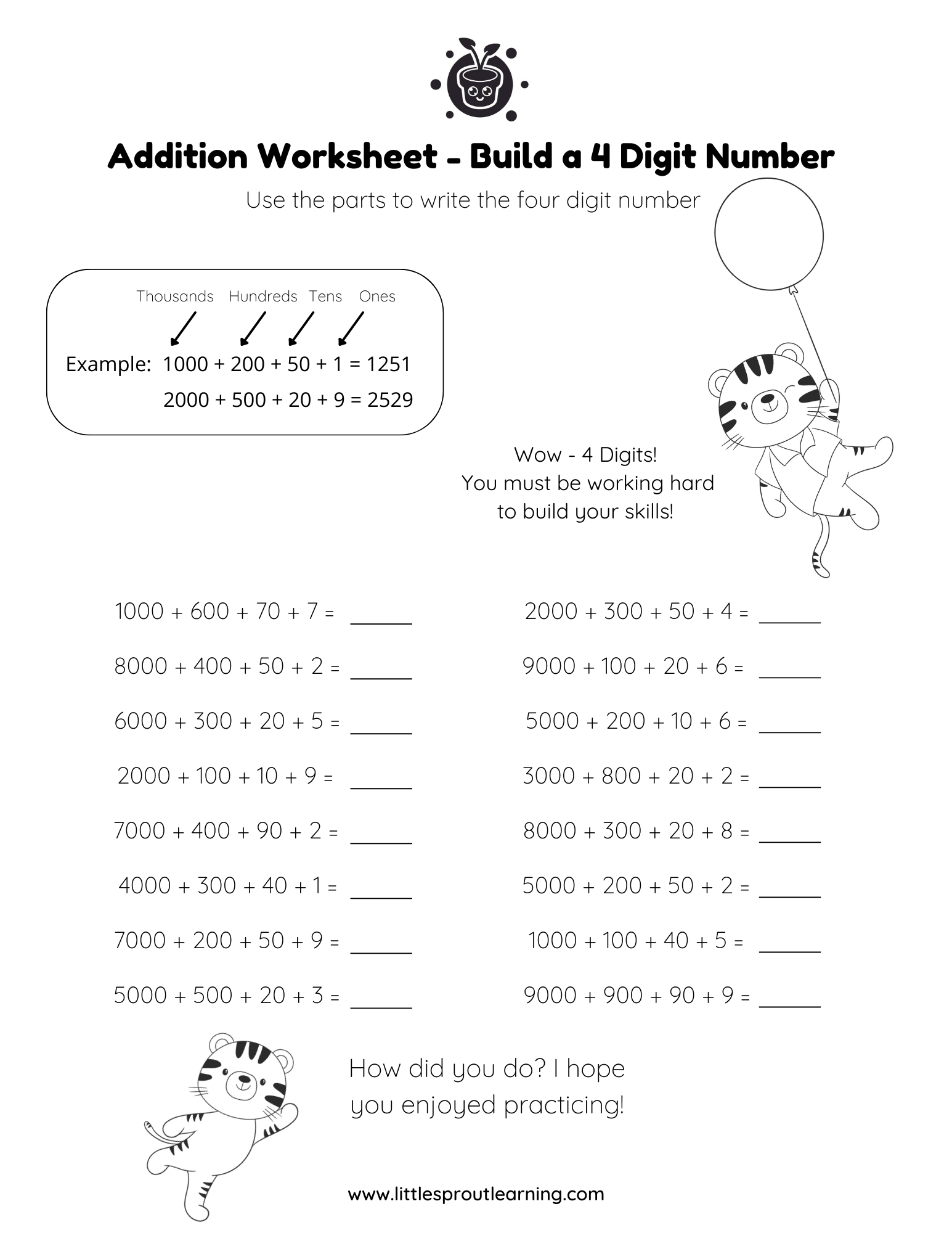 Addition Worksheet – Build a 4 Digit Number