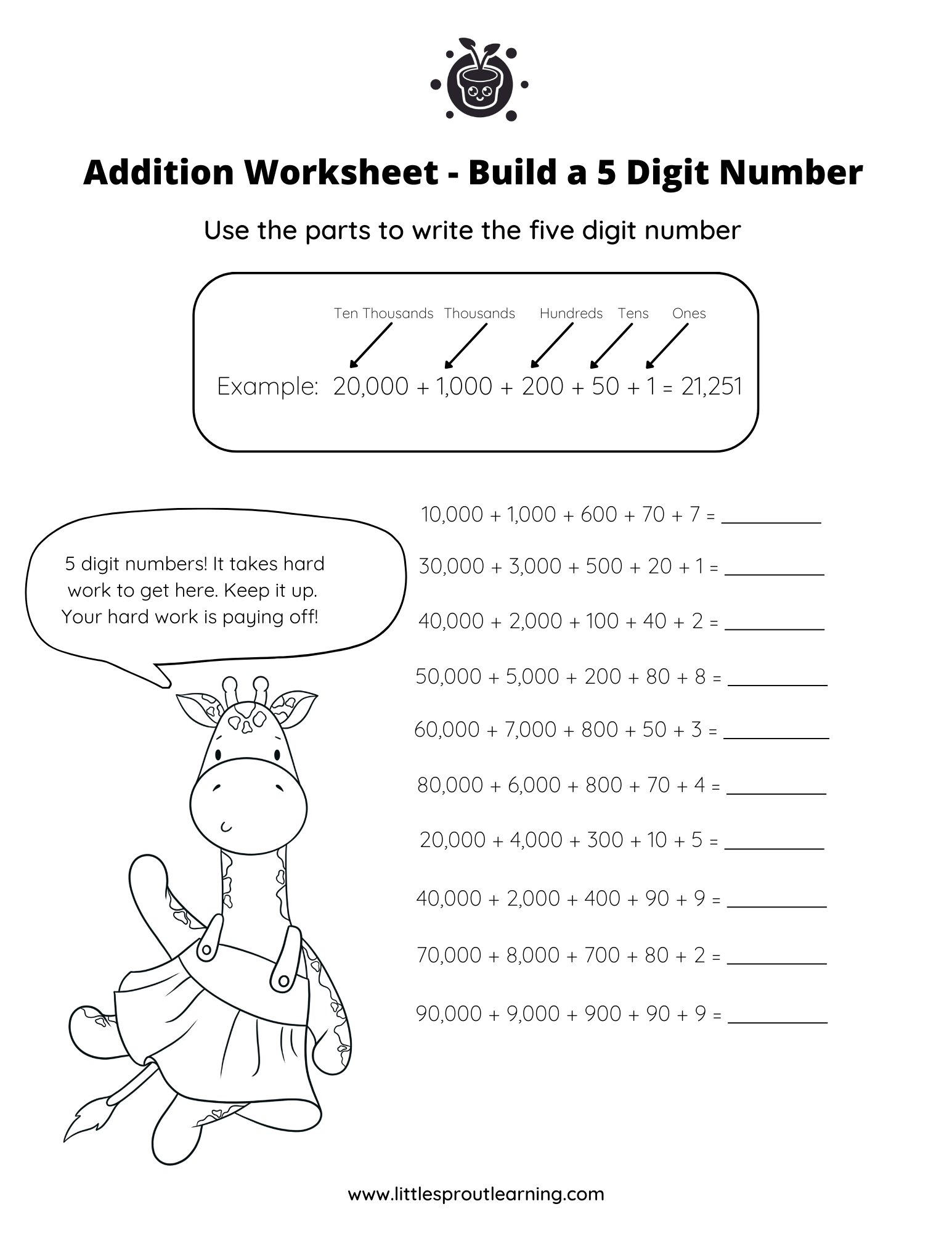 Addition Worksheet – Build a 5 Digit Number