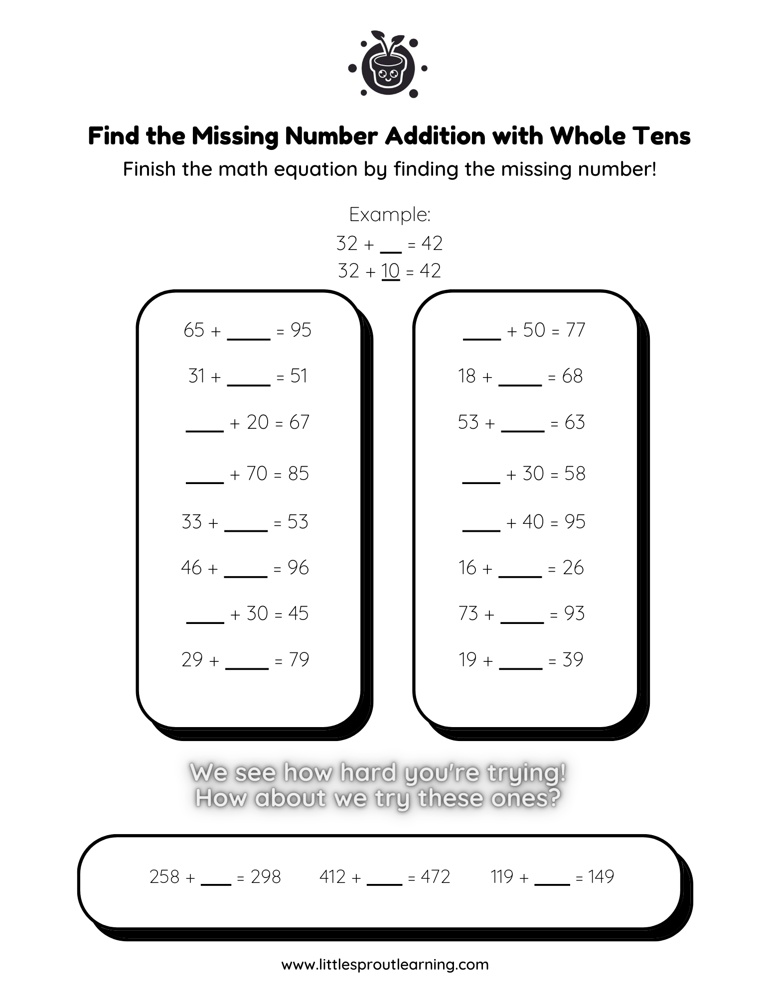 Finding the Missing Number – Addition With Whole Tens