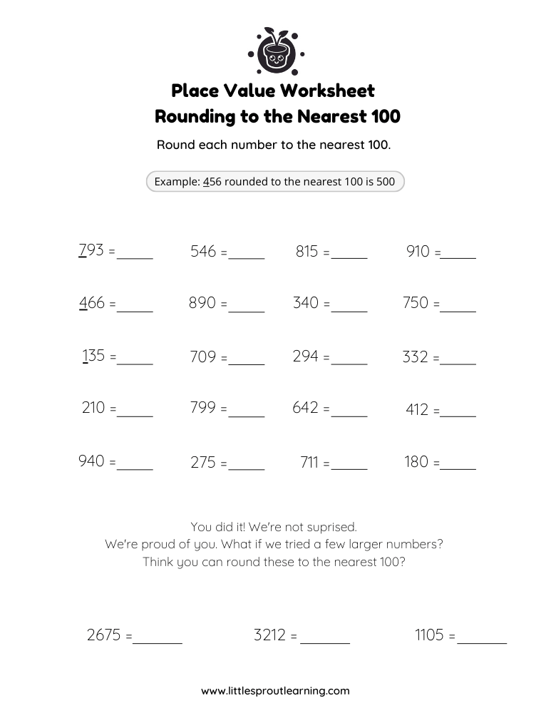 Place Values Worksheet – Round to the Nearest 100 With 3 Digit Numbers