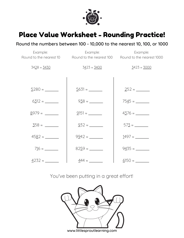 Place Values Worksheet – Round to the Nearest 10, 100, or 1000