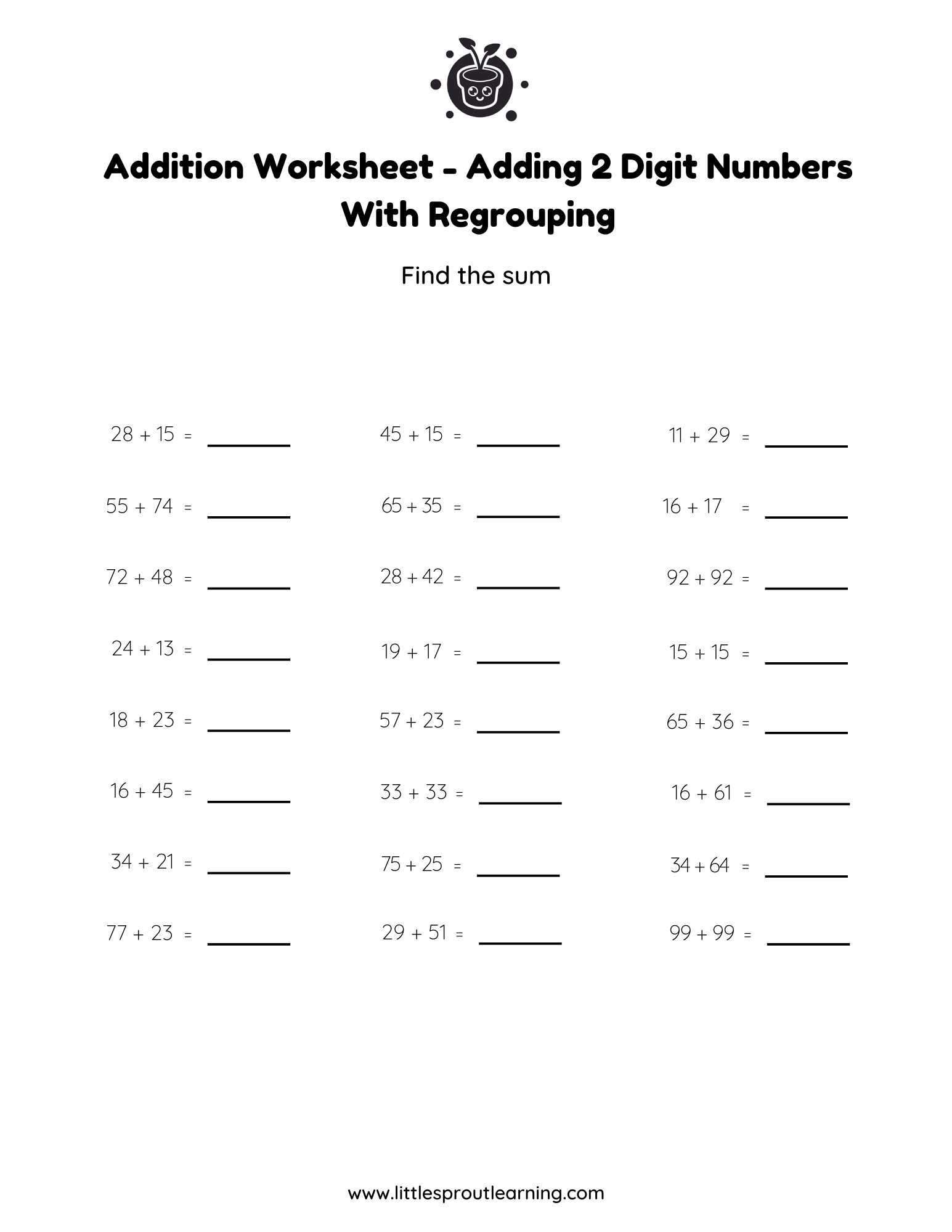 Addition Worksheet – Adding 2 Digit Numbers with Regrouping