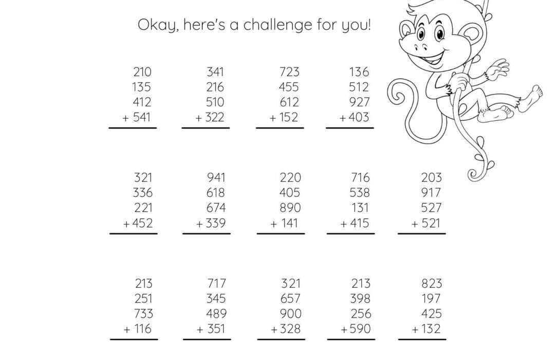 Grade 4 Addition Worksheet - Adding Four 3 Digit Numbers in Columns