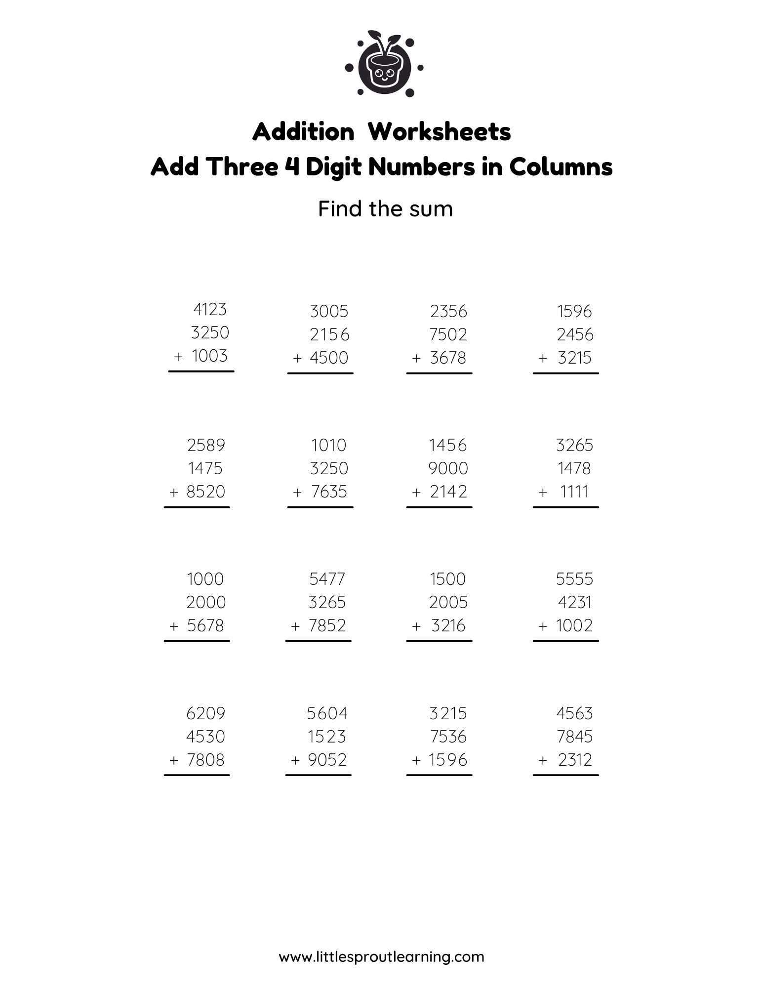 Adding in Columns – Adding three 4 Digit Numbers