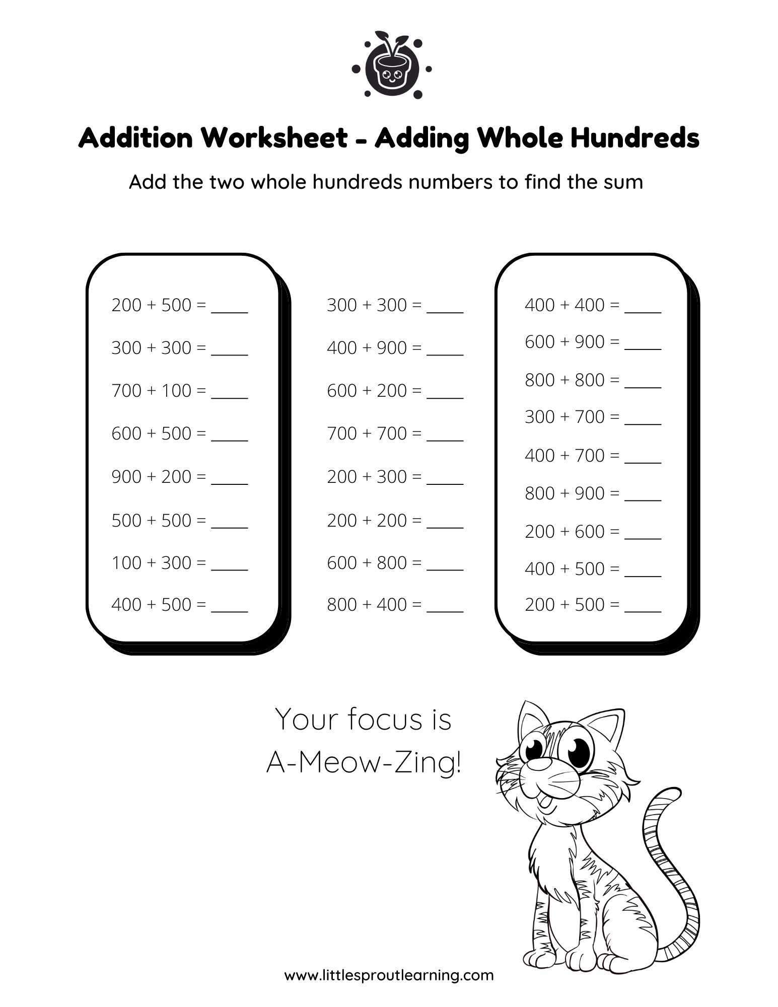 Addition Worksheet – Adding Whole Hundreds