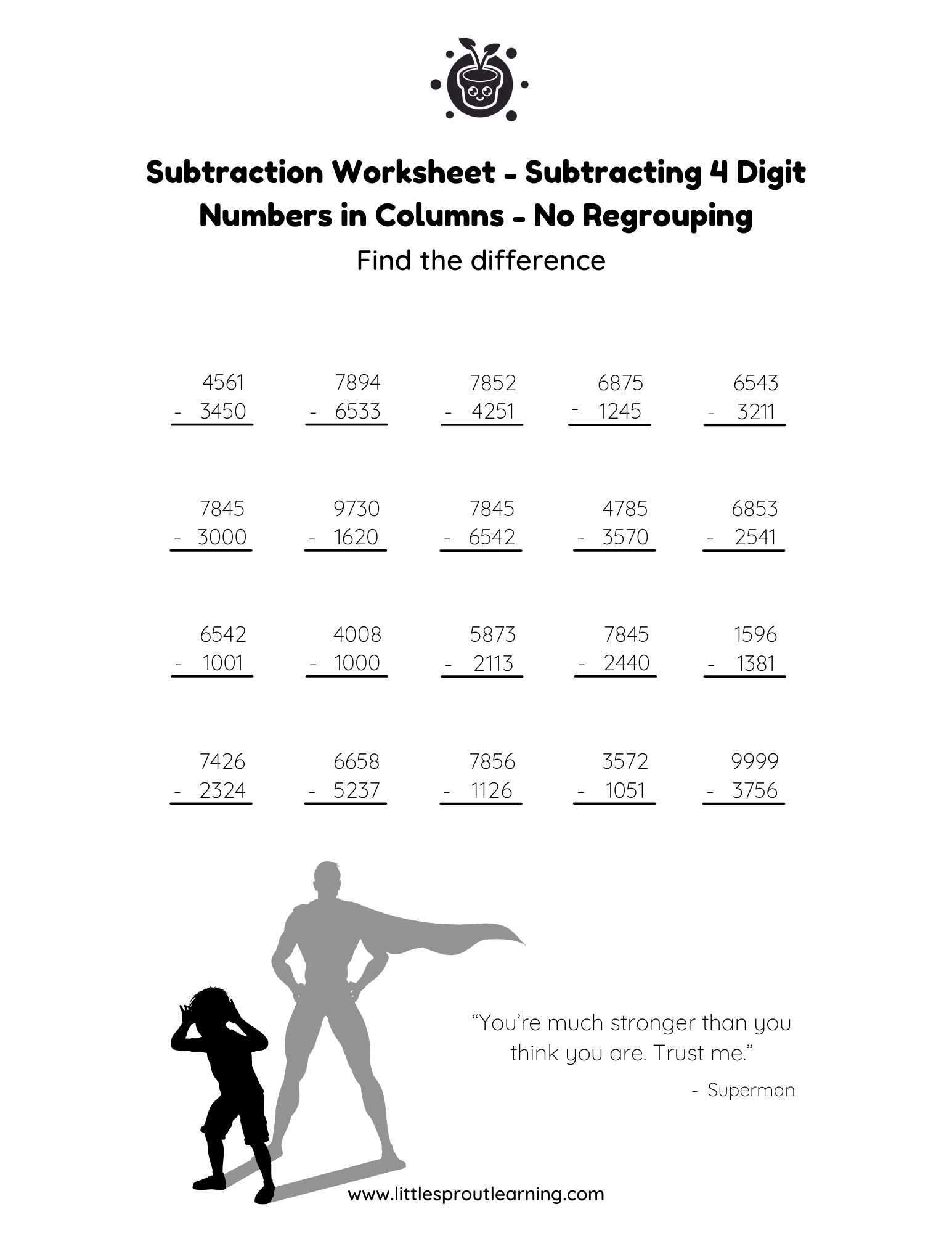 Subtraction in Columns – Subtracting 4 Digit Numbers