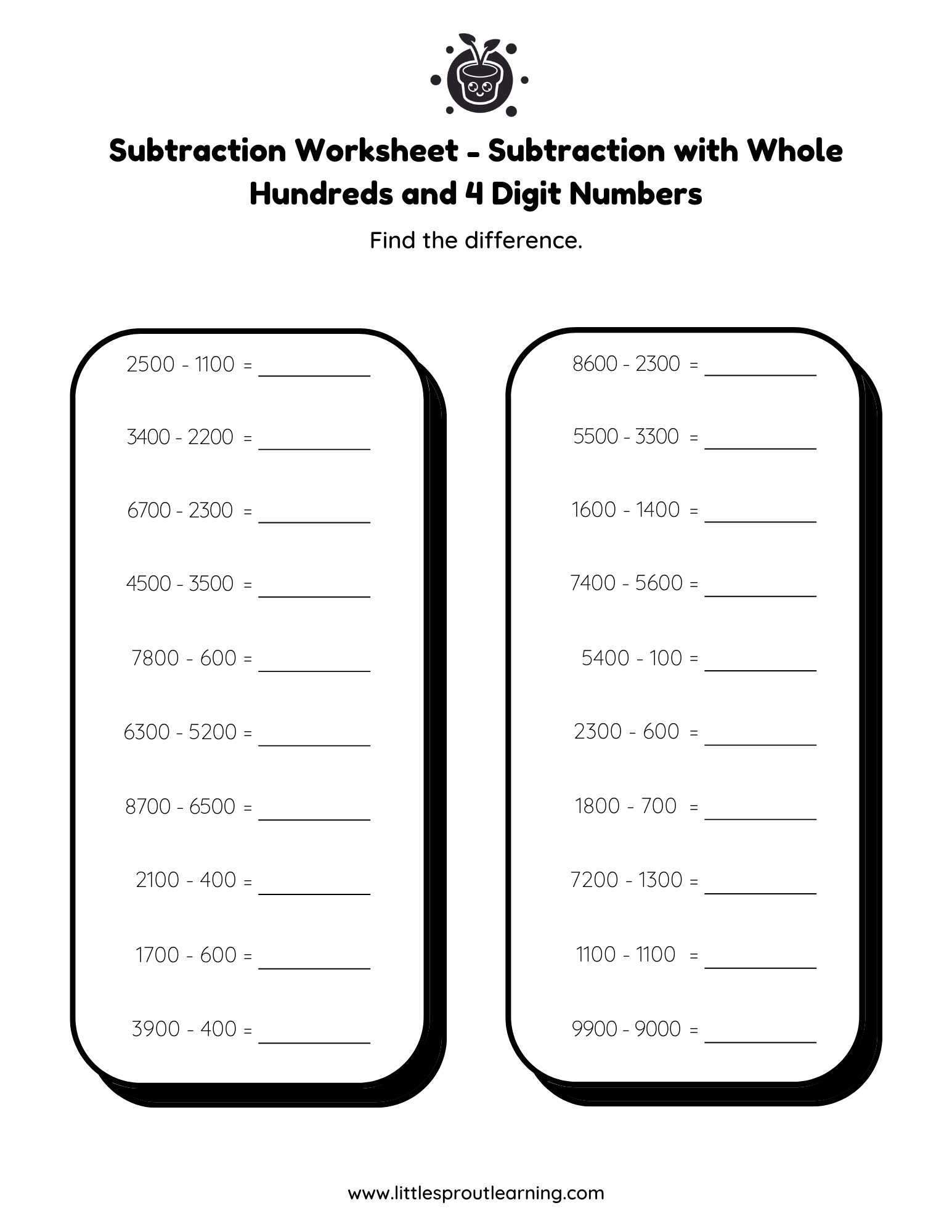 Subtraction with Whole Hundreds and 4 Digit Numbers