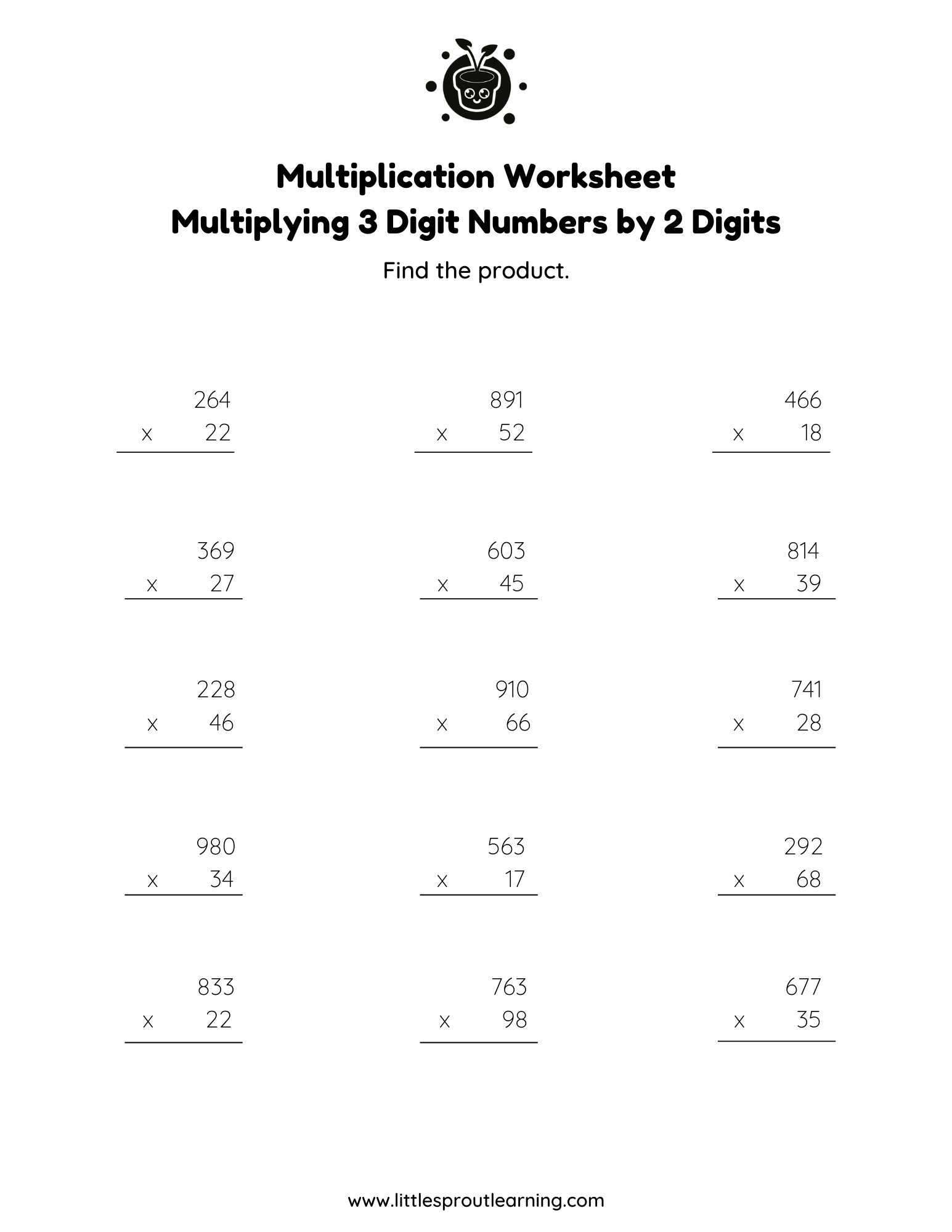 Multiplication Worksheet – Multiplying 3 Digit Numbers by 2 Digits