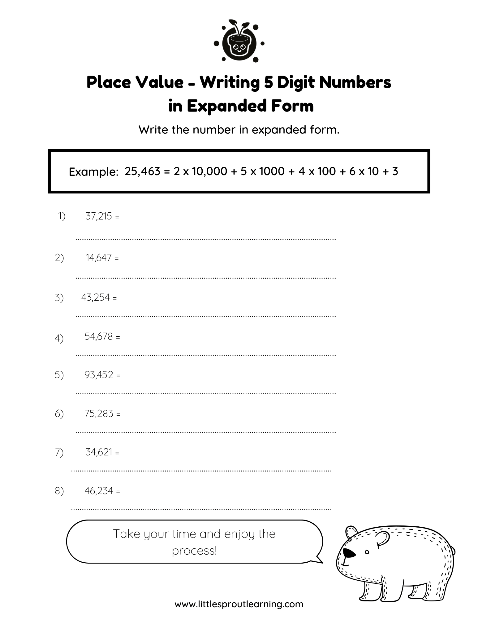 Place Values Worksheet – Write 5 Digit Numbers in Expanded Form