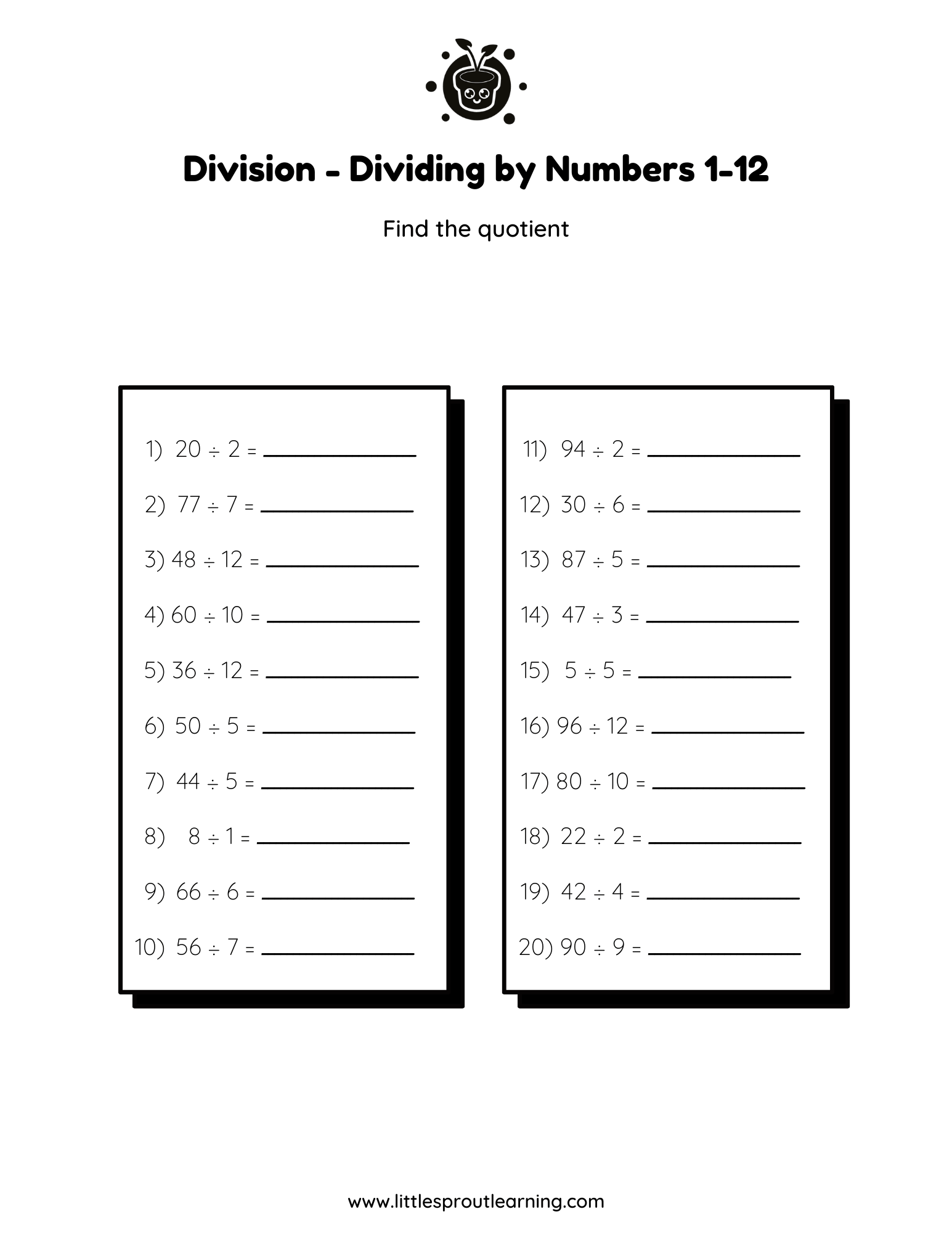 Division Worksheet – Dividing by Number 1-12