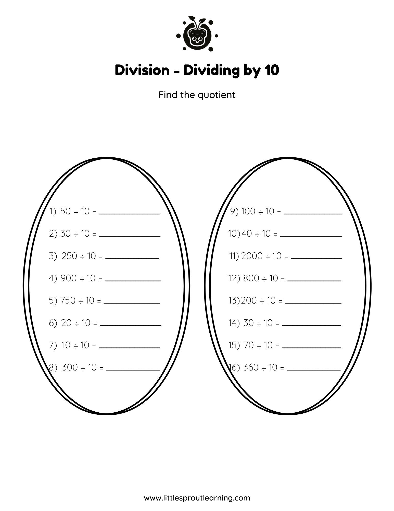 Division Worksheet – Dividing by 10