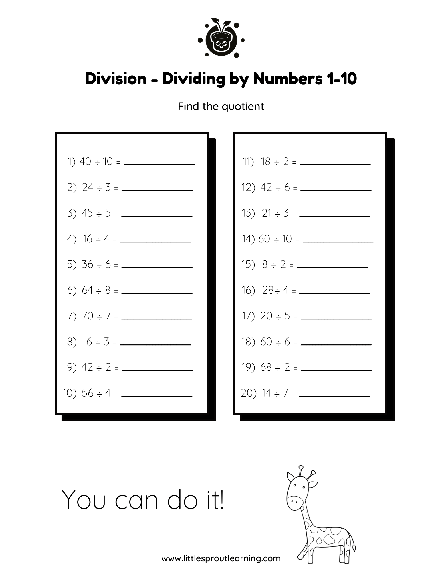 Division Worksheet – Dividing by Numbers 1-10