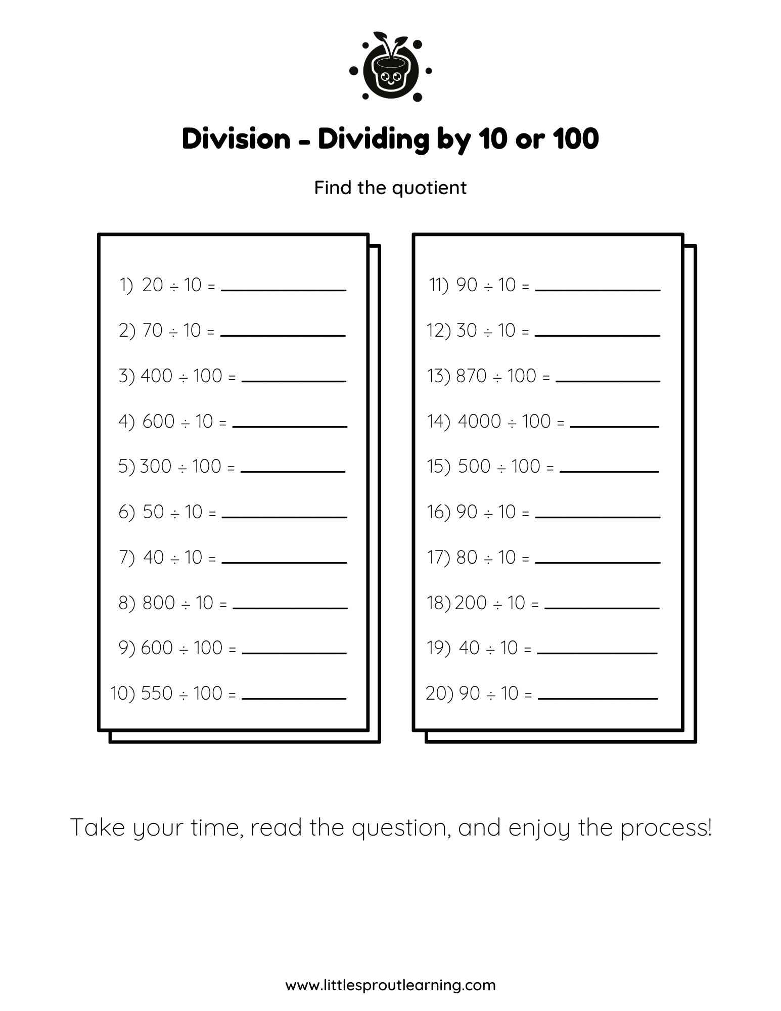 Grade 4 Division Worksheet – Dividing by 10 or 100