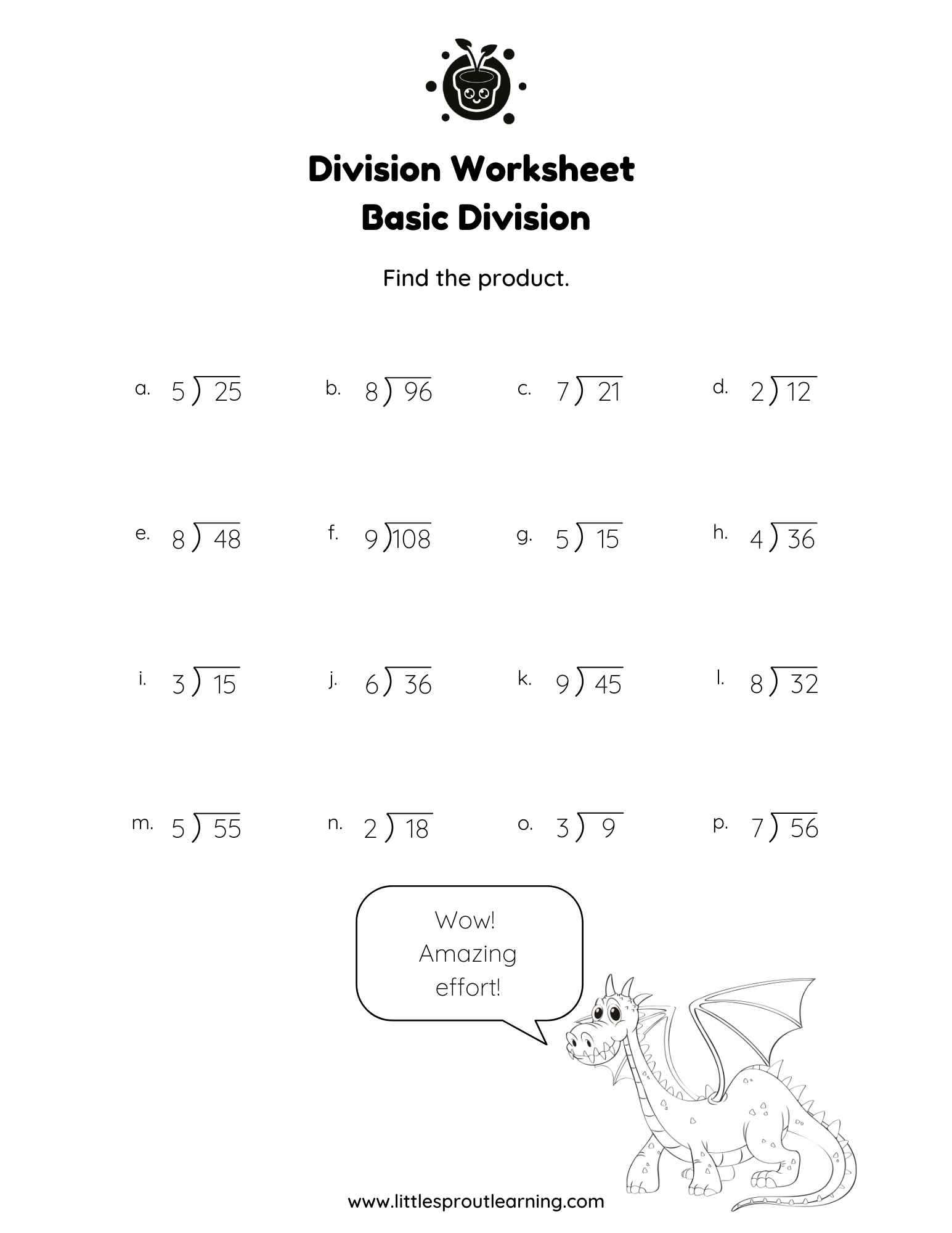 Long Division Worksheet – Dividing with Numbers 1-10