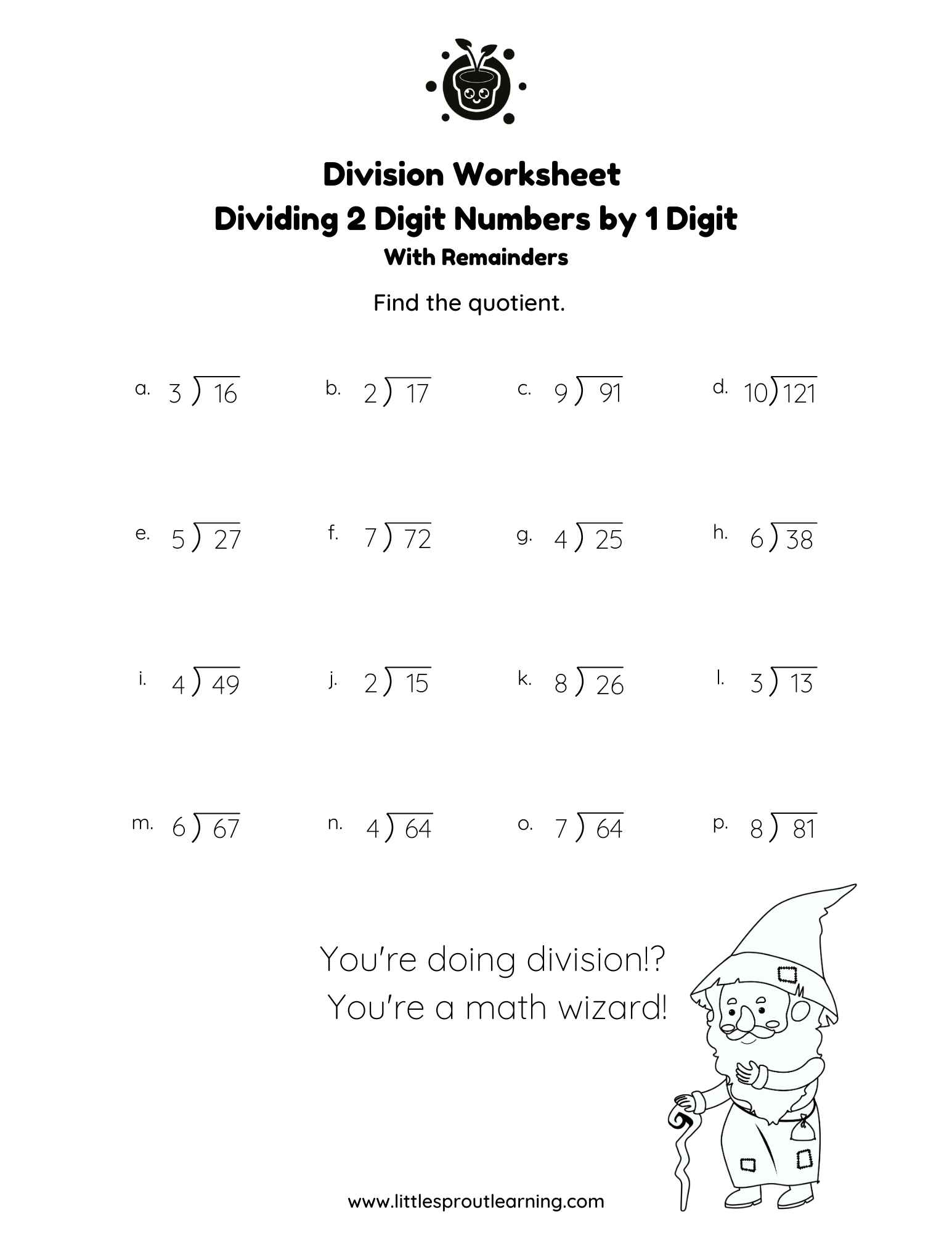 Long Division Worksheet – Dividing 2 Digit Numbers by 1 Digit With Remainders