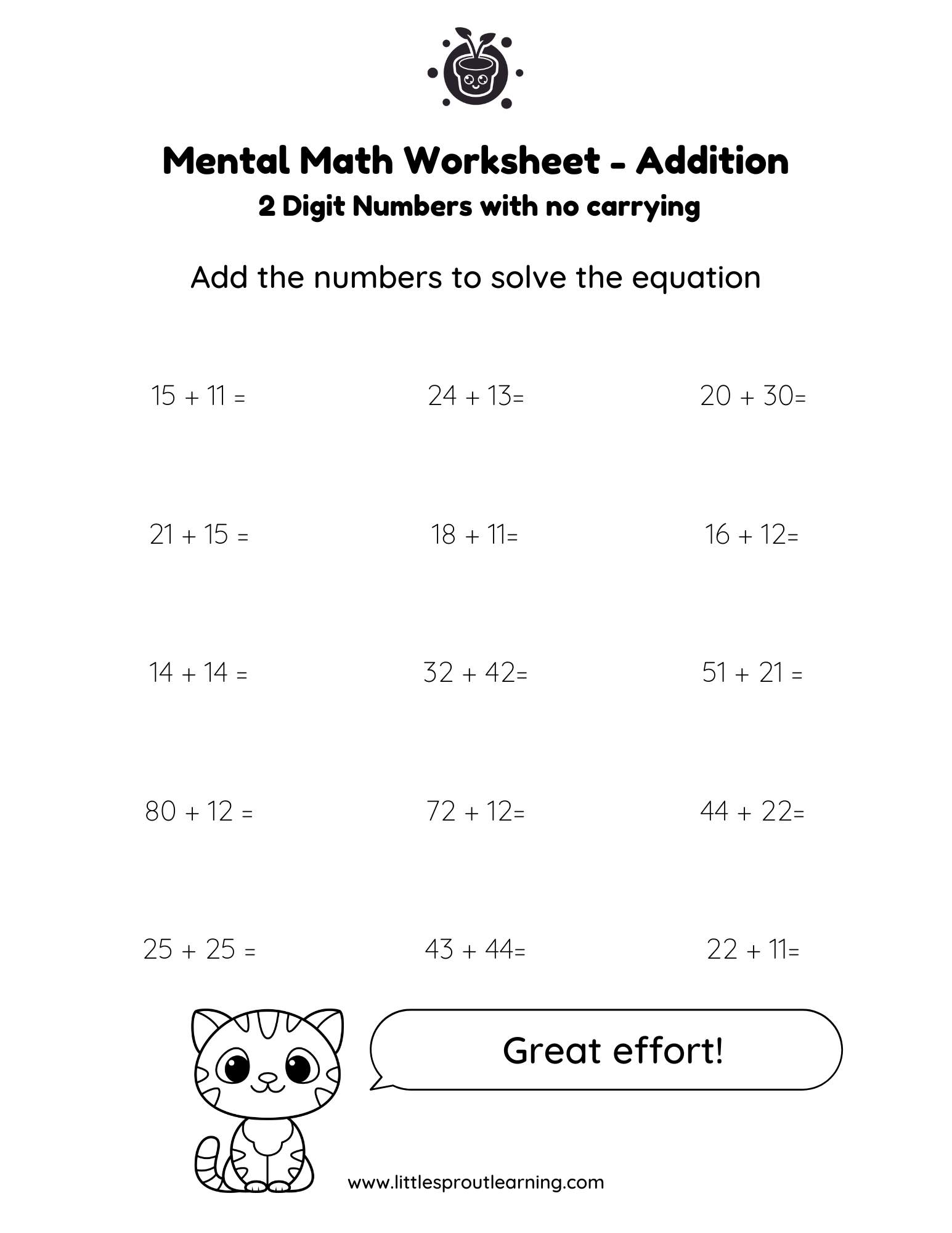 2 Digit Addition Mental Math Worksheet – No Carrying