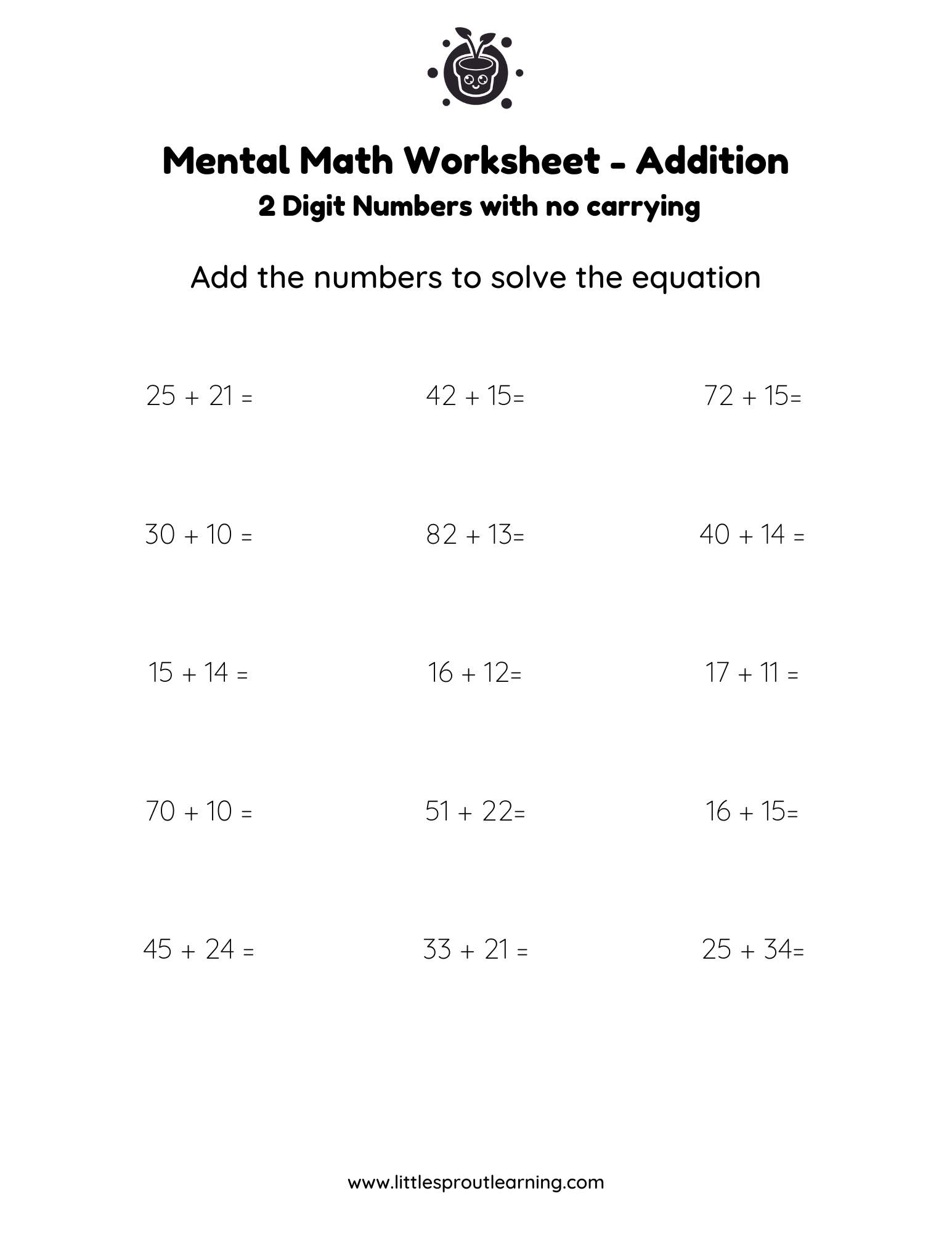 Mental Math Addition Worksheet for 2 Digit Numbers
