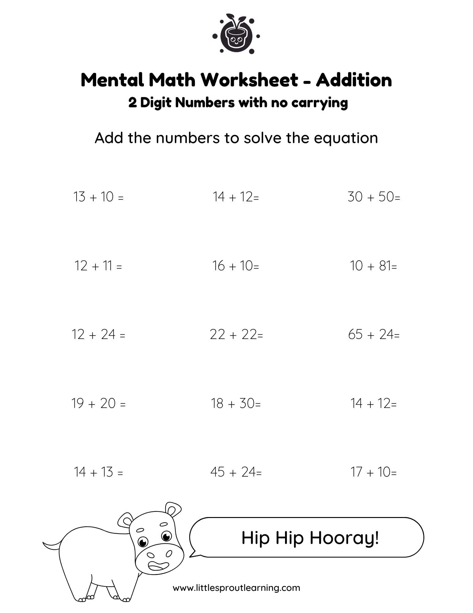 Mental Math Worksheet Addition with 2 Digits