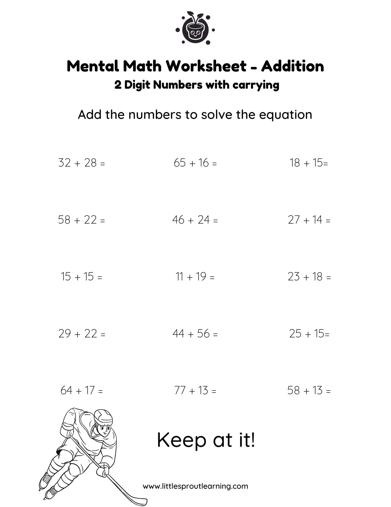 Mental Math Addition Worksheet 2 Digit Numbers With Carrying