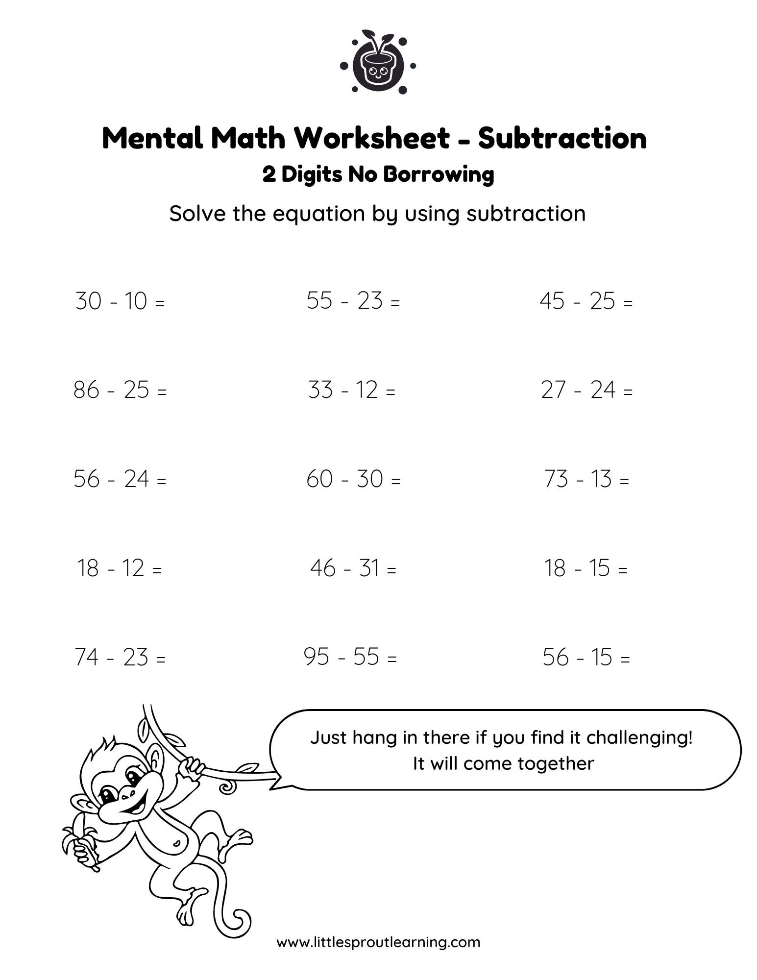 2 Digit Subtraction Mental Math Worksheet – No Borrowing
