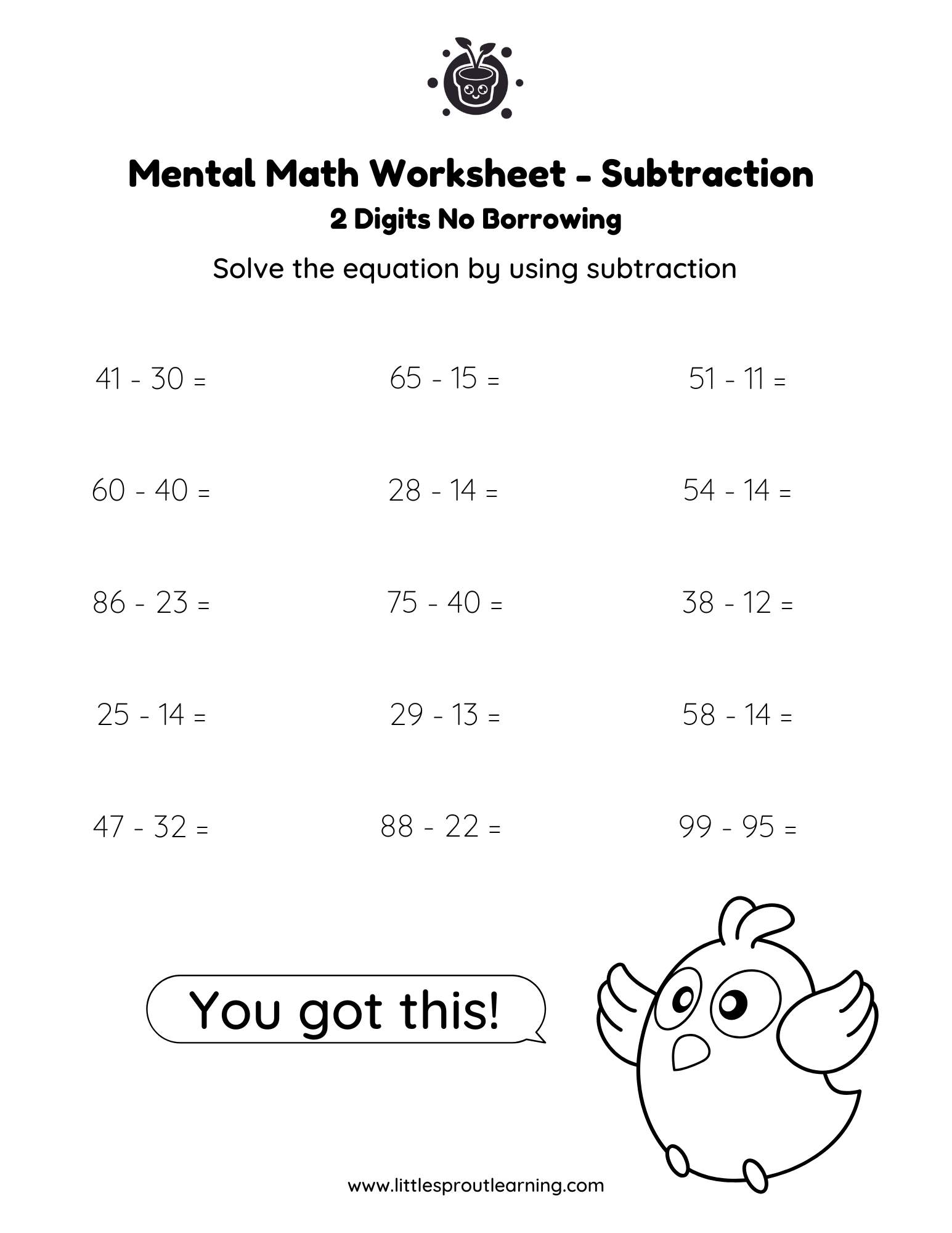 Mental Math Subtraction Worksheet – No borrowing 2 Digits