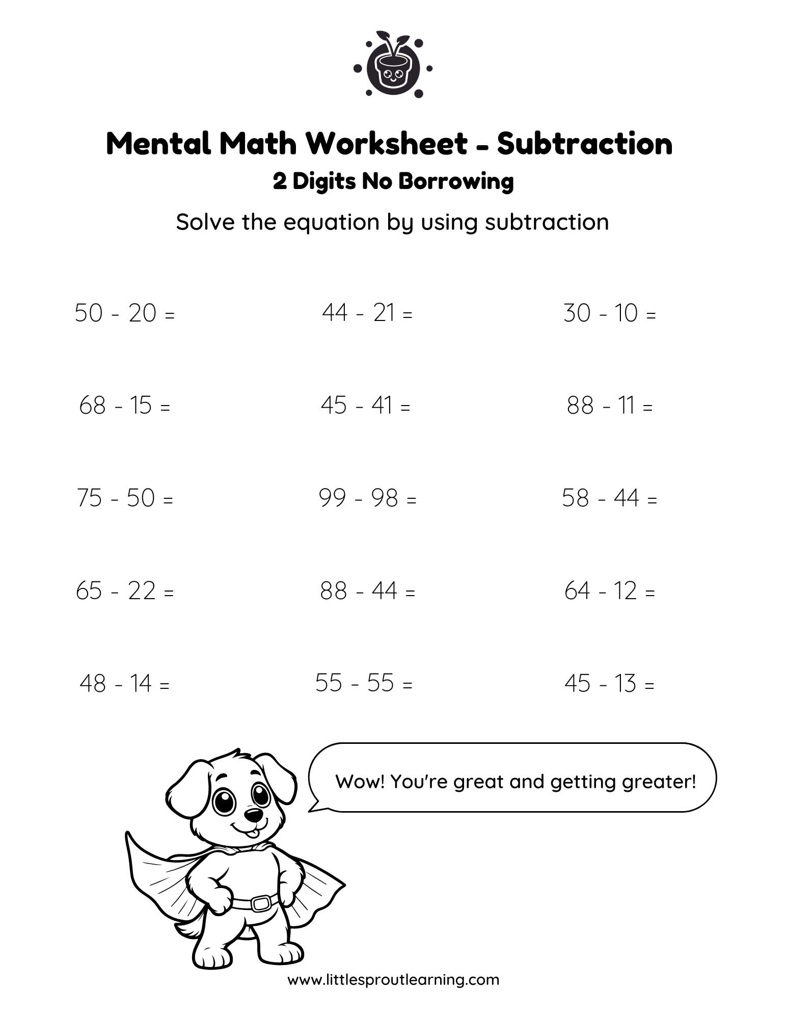 Mental Math Worksheet Subtraction 2 Digits – No Borrowing