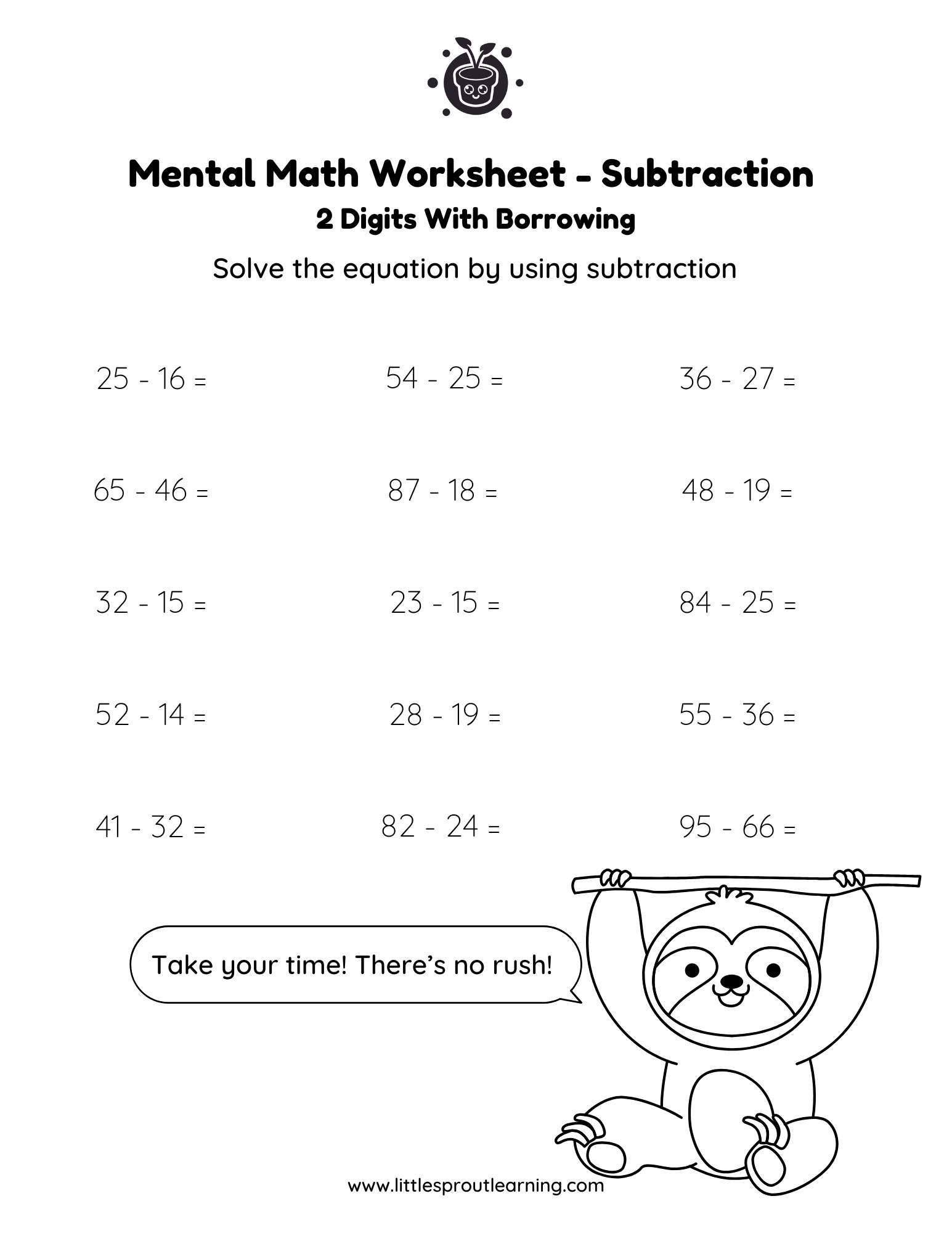 Mental Math Worksheet Subtraction 2 Digits – With Borrowing