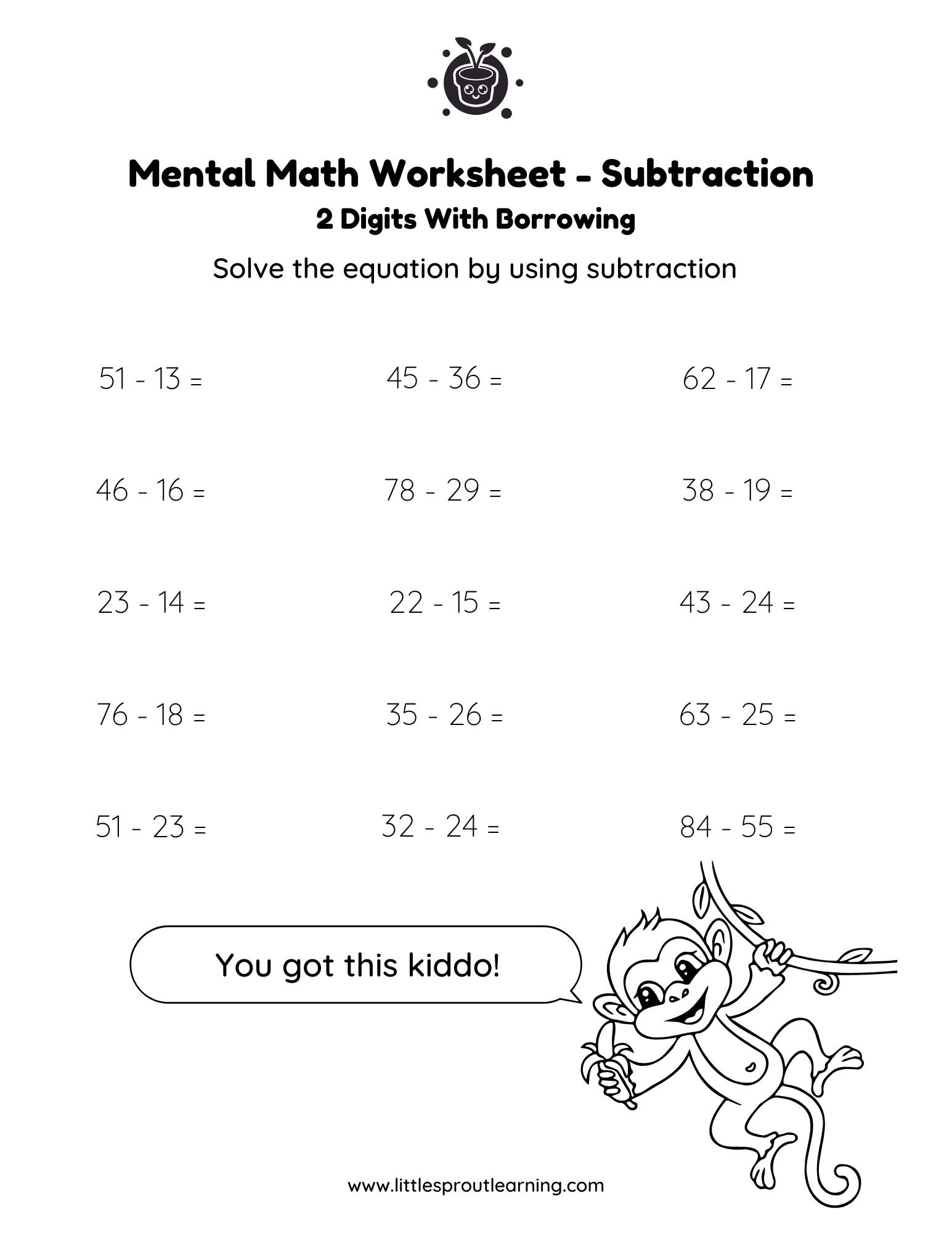 Top Mental Math Subtraction Worksheet 2 Digits with Borrowing