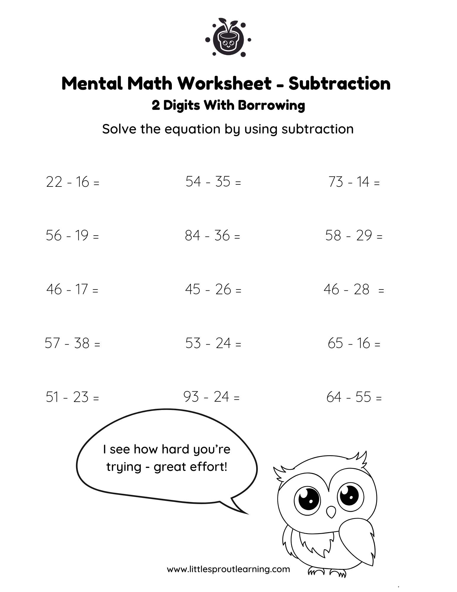 Mental Math Worksheet 3 – Subtraction 2 digit with Borrowing